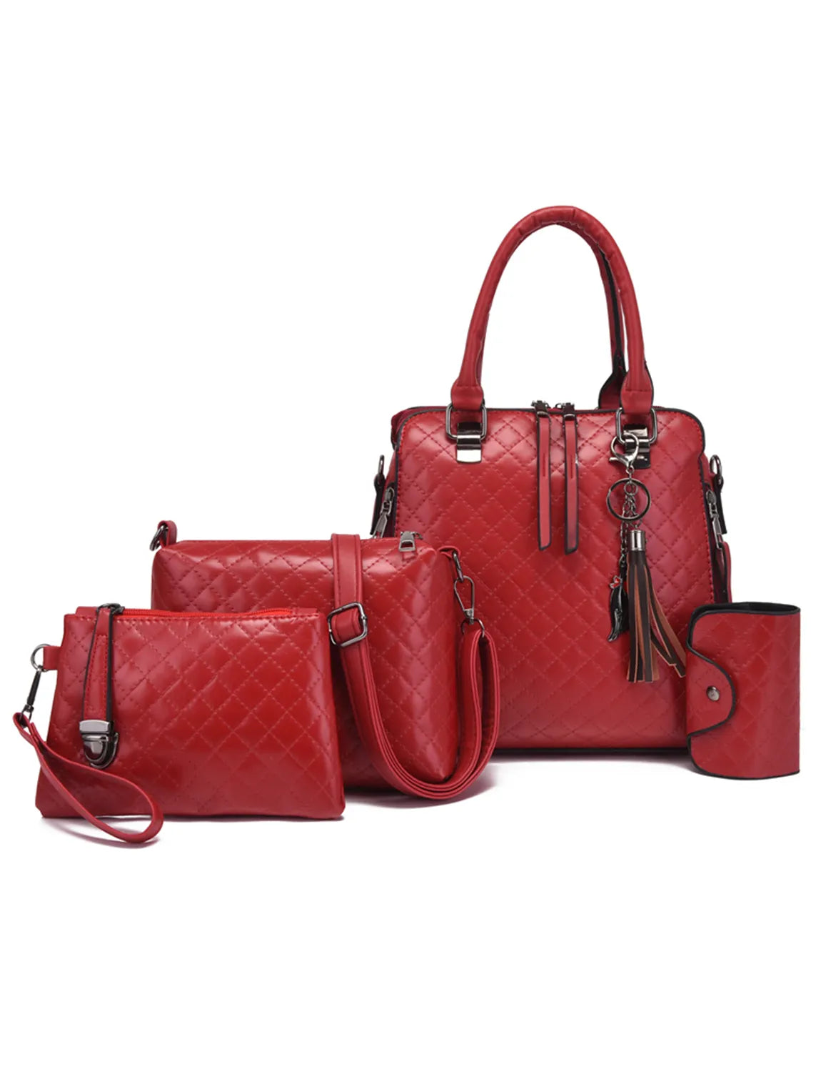 4-Piece PU Leather Bag Set with Tassel Detail Red onesize