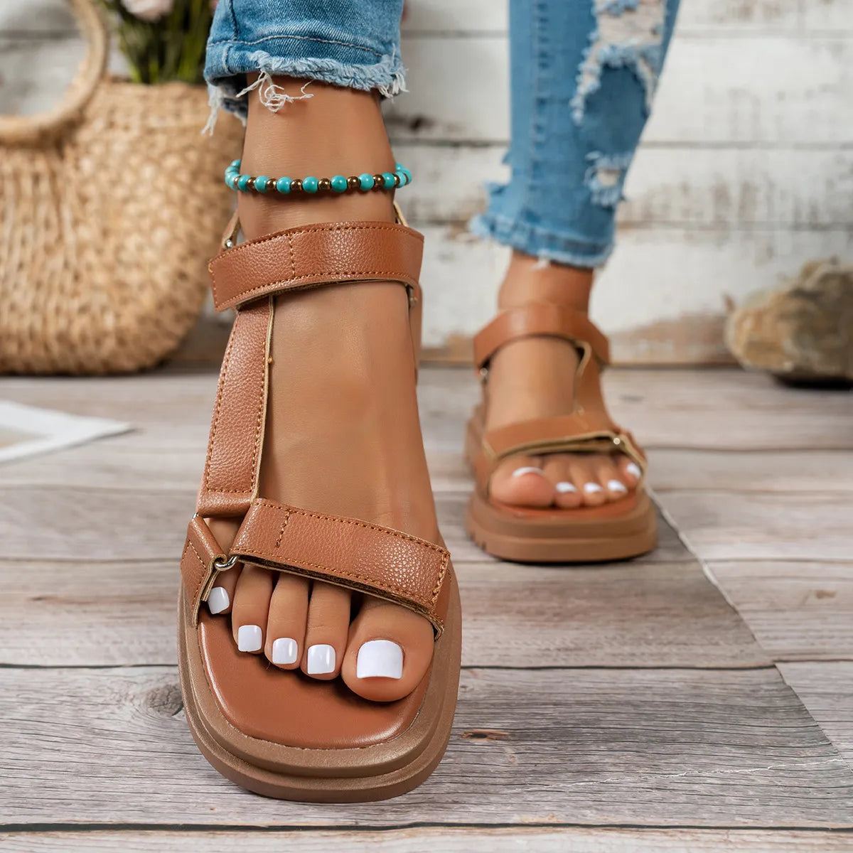 Open Toe Platform Sandals Dark Brown