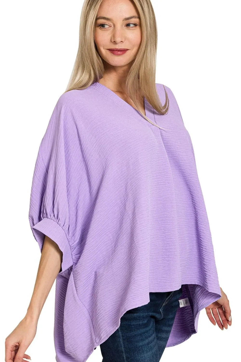 Zenana Woven Airflow V-neck Puff Half Sleeve Top LAVENDER