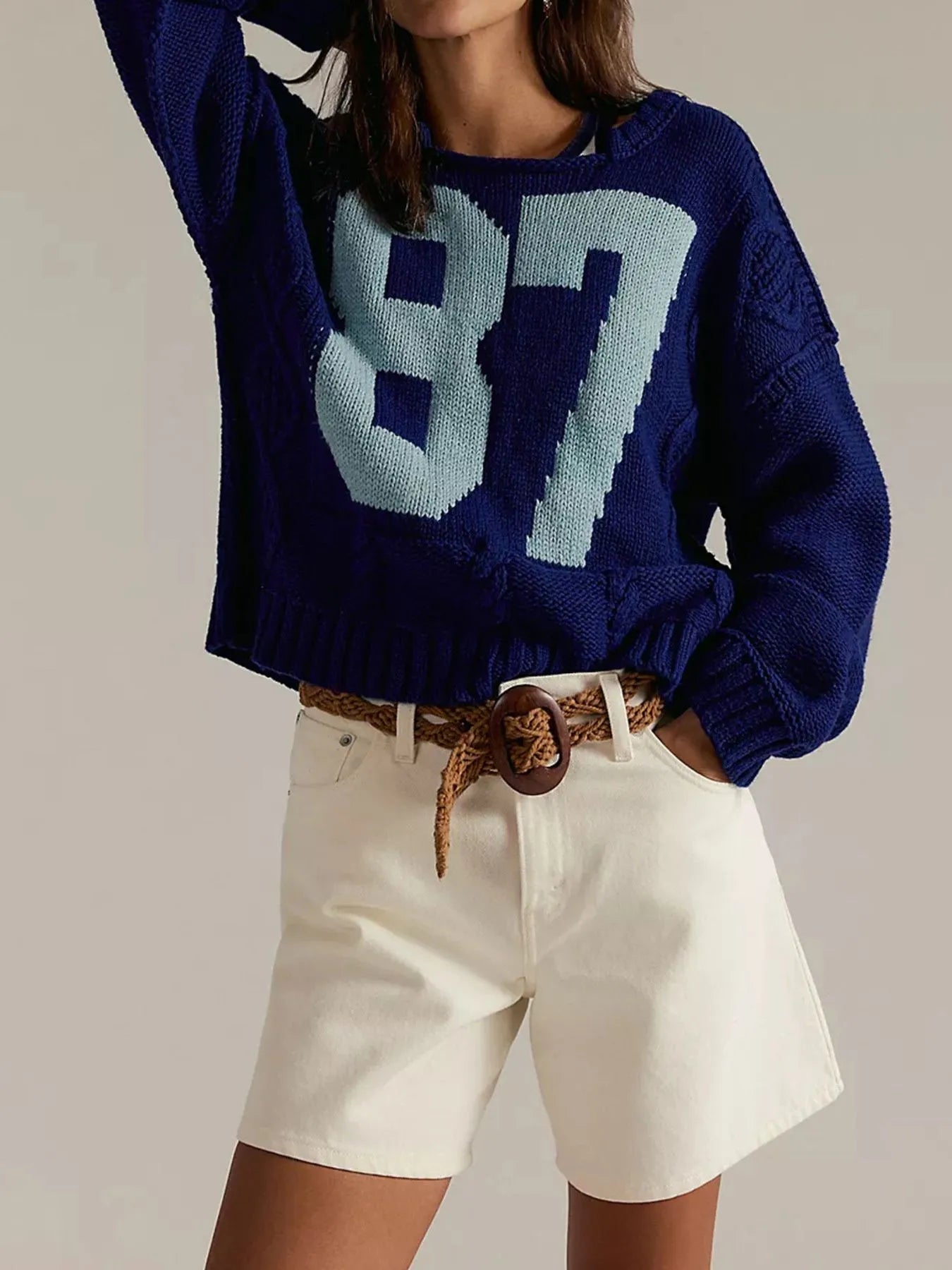 Number 81 Oversized Cable Knit Sweater Dark Blue