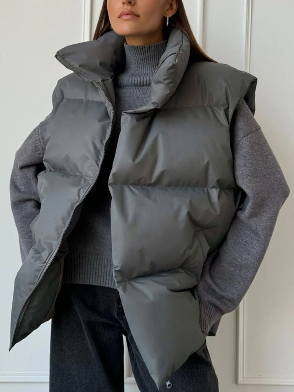 Zip Up Turtleneck Vest Coat Dark Gray