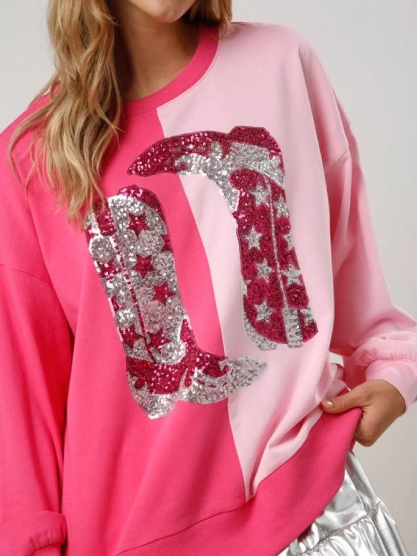 Sequin Boots Color Block Sweatshirt