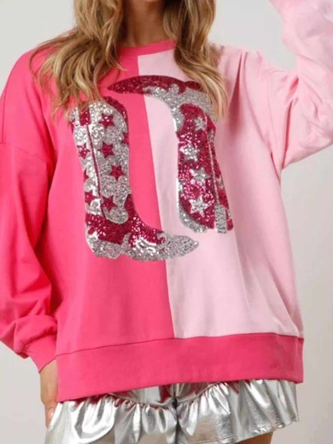 Sequin Boots Color Block Sweatshirt