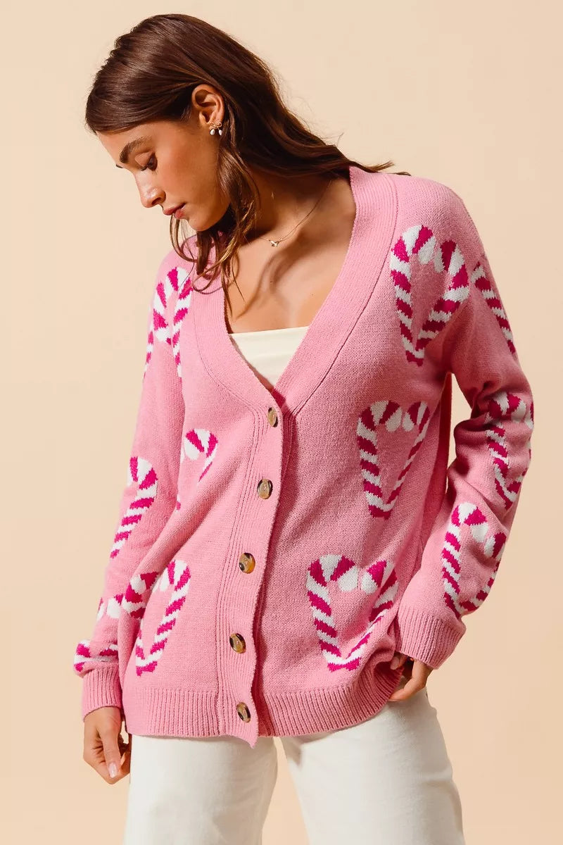 SO ME Christmas Candy Cane Button Front Sweater Cardigan