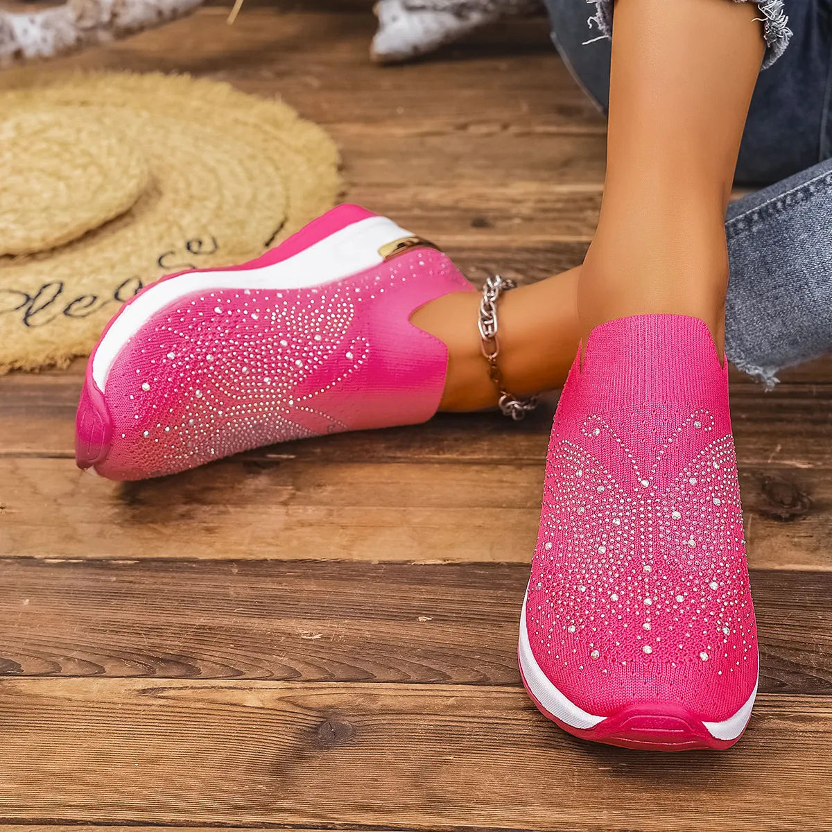 Rhinestone Wedge Sneakers Rose Red
