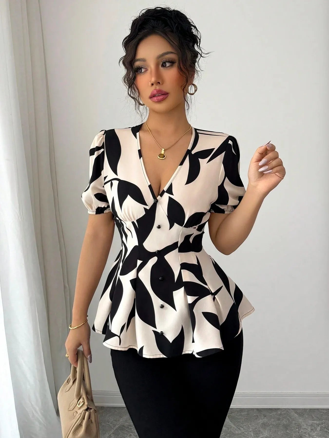 Puff Sleeve Printed Peplum Blouse