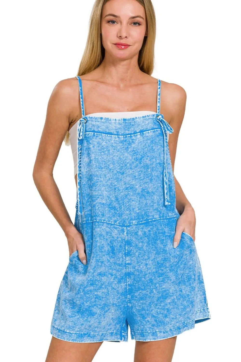 Zenana Washed Linen Knot Strap Rompers DEEP SKY