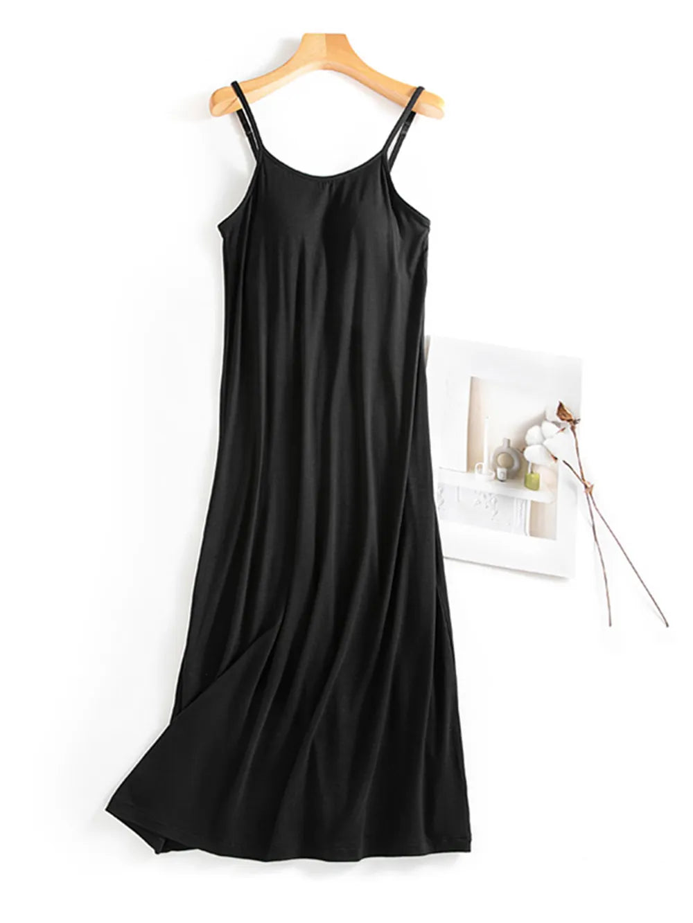 Scoop Neck Midi Cami Dress with Bra Black