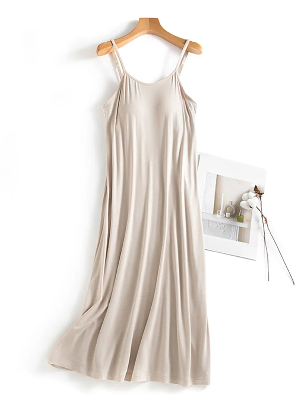 Scoop Neck Midi Cami Dress with Bra Tan
