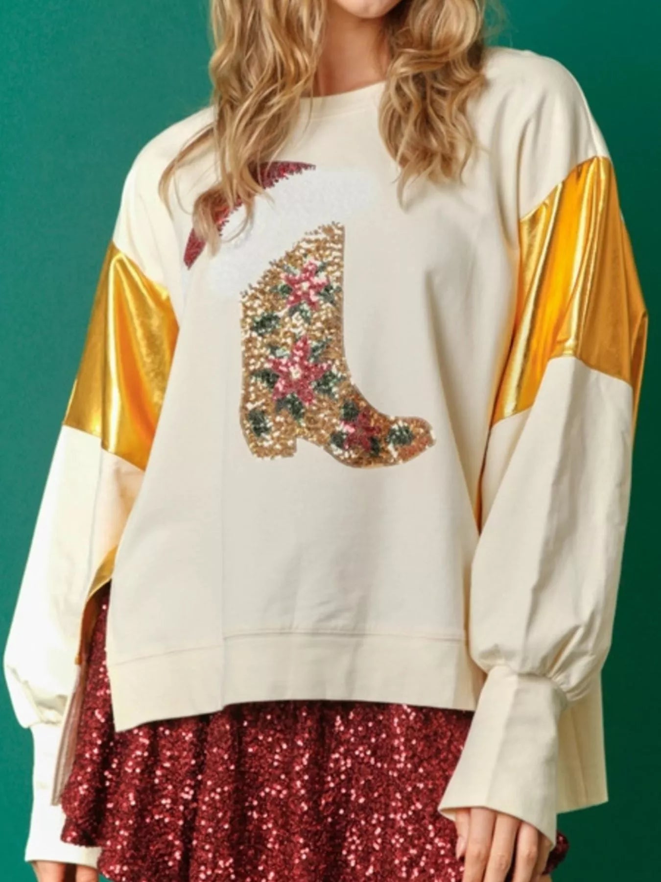 Christmas Sequin Boot Long Sleeve Sweatshirt Apricot