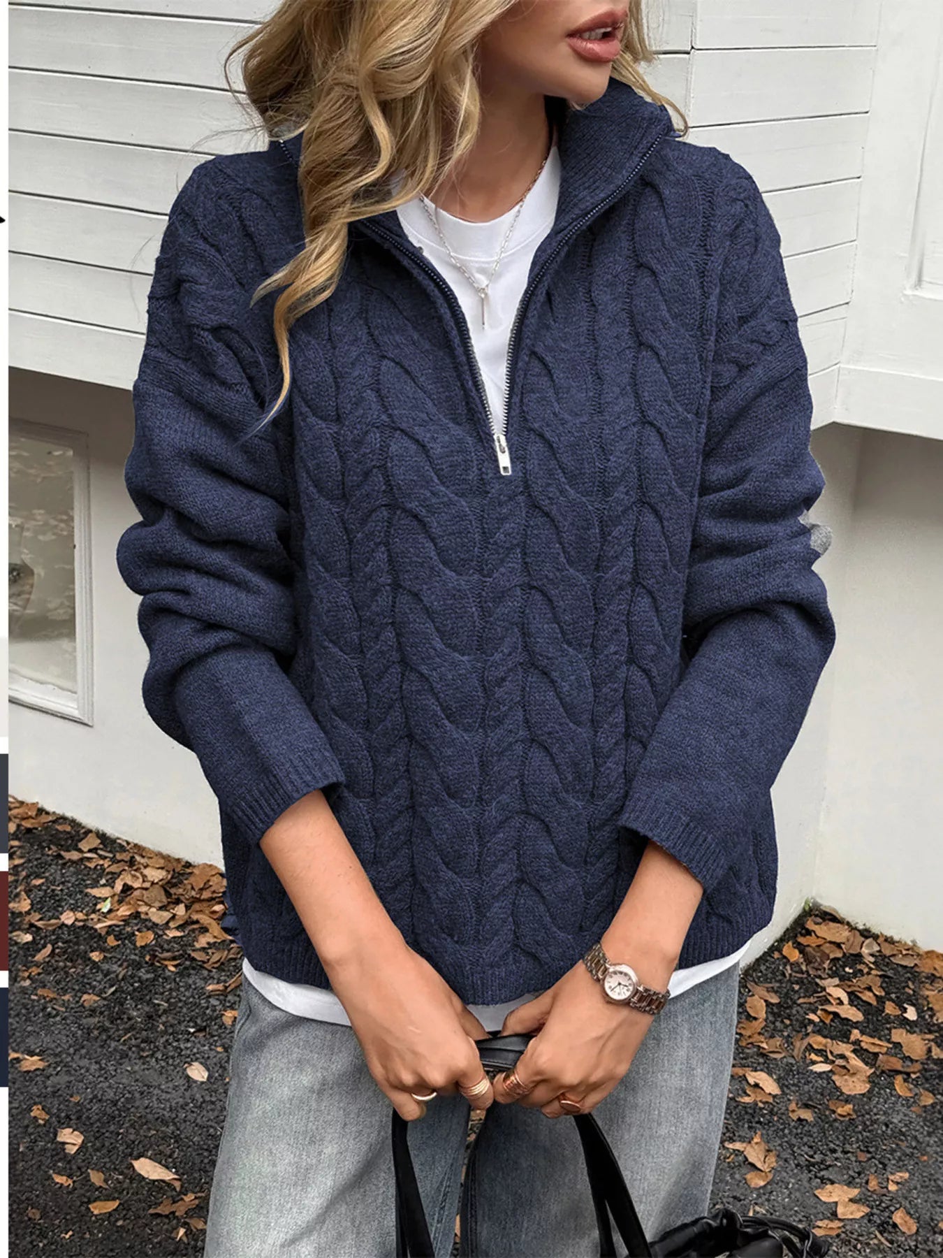 Zip Collar Cable-Knit Sweater Dark Blue