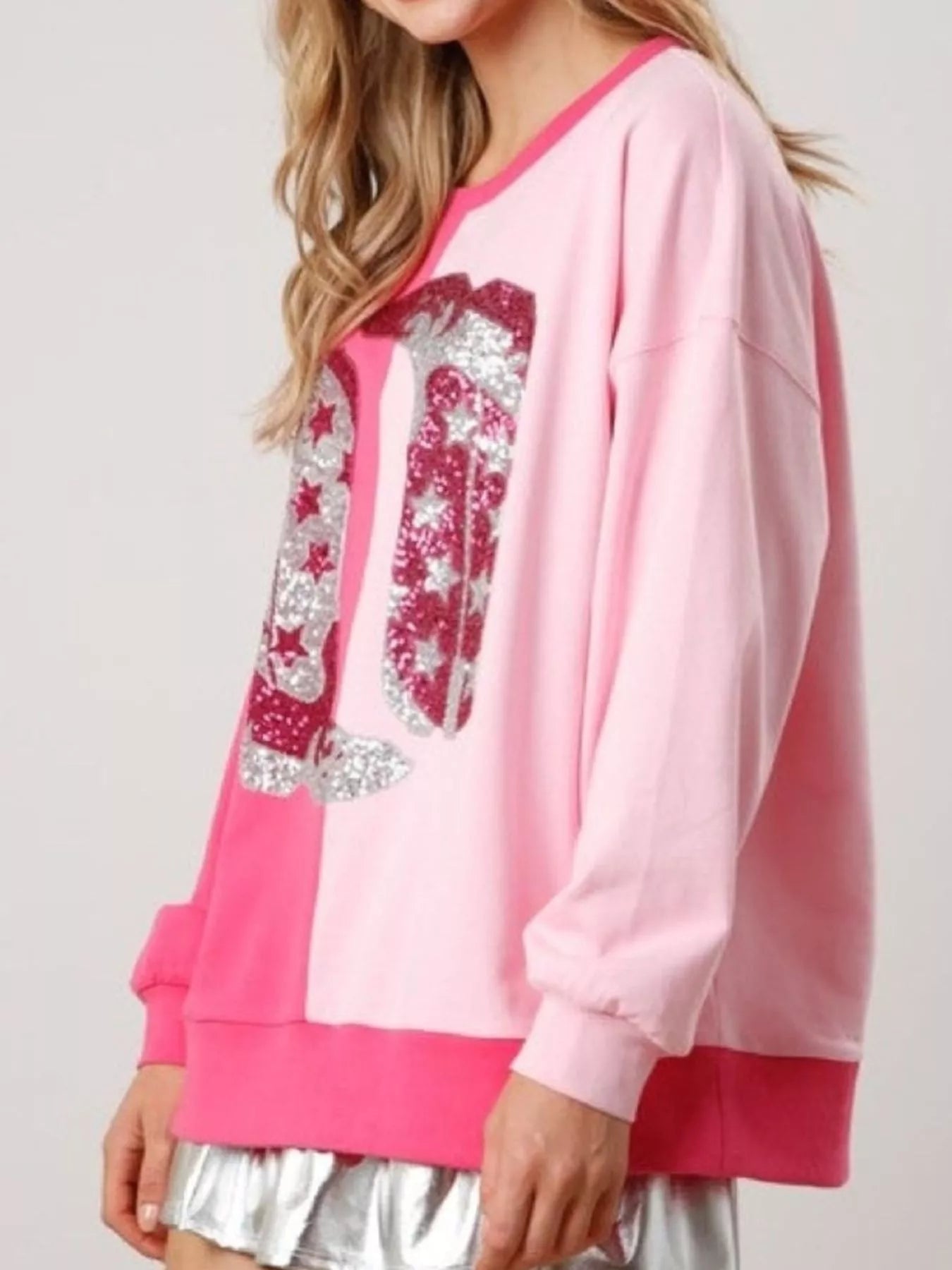 Sequin Boots Color Block Sweatshirt