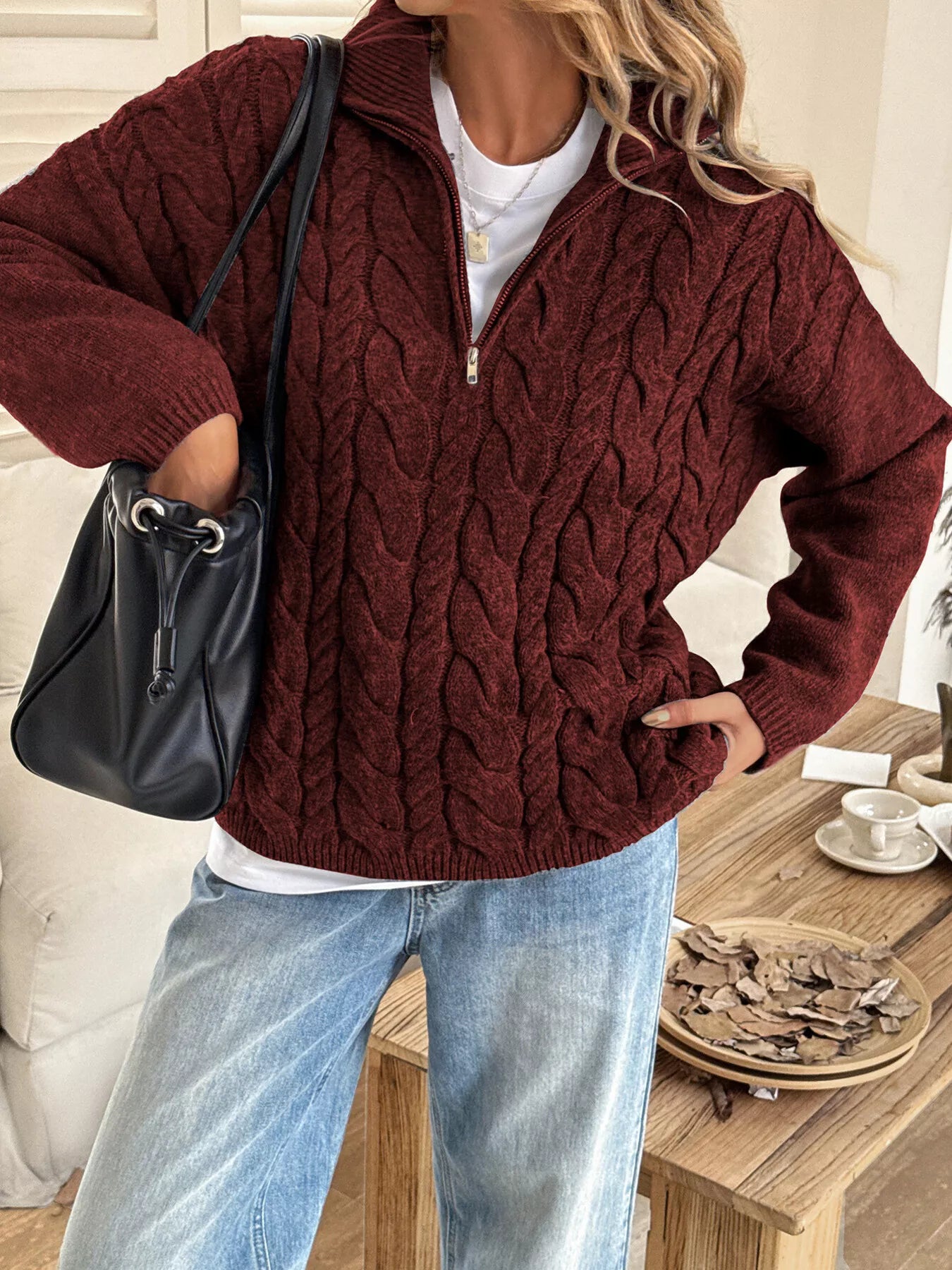 Zip Collar Cable-Knit Sweater