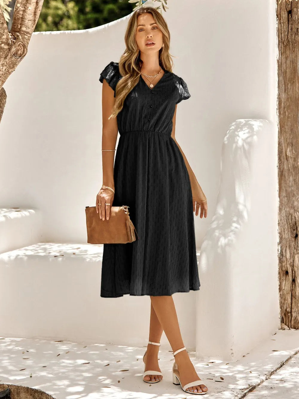 V-Neck Flutter Sleeve Midi Dress Black