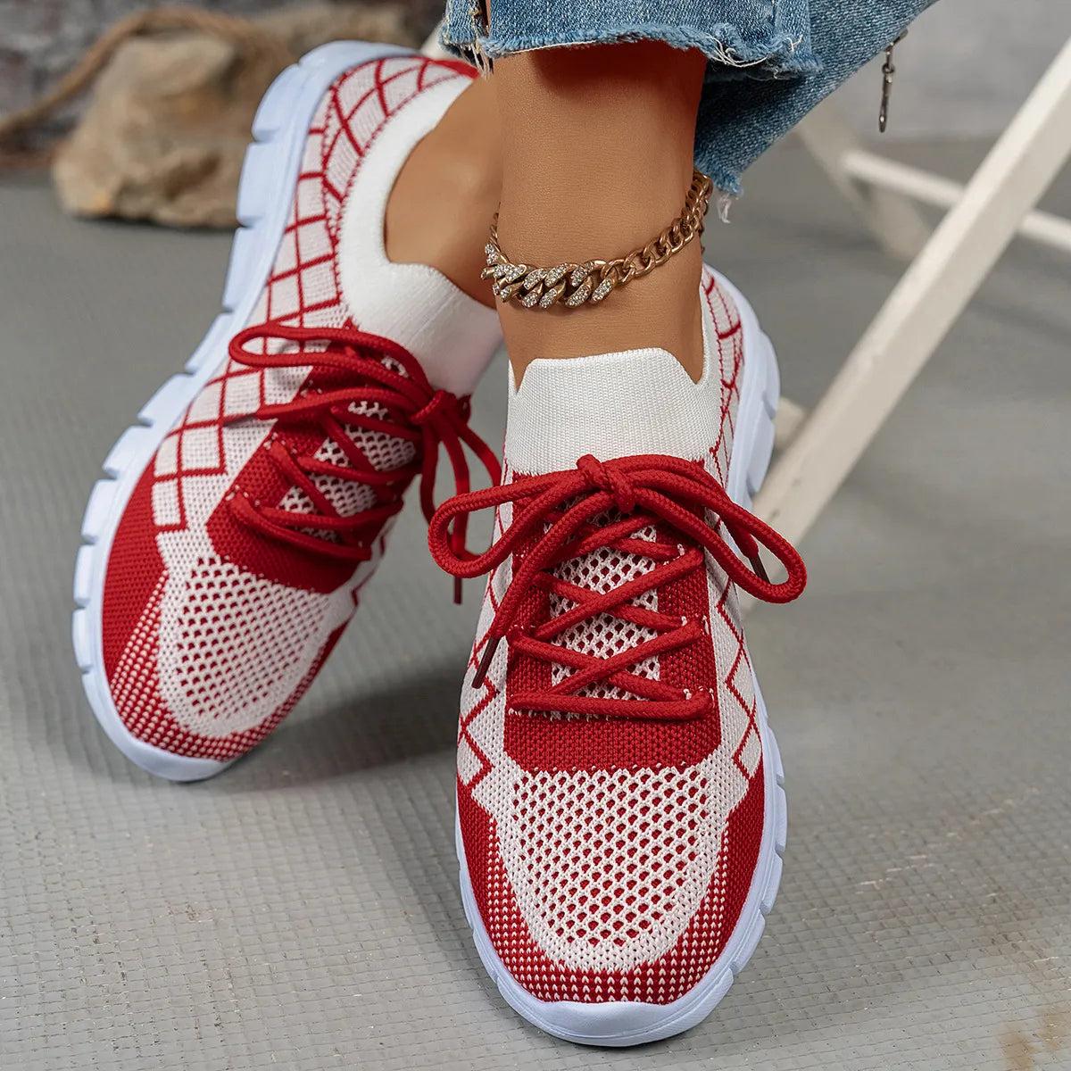 Round Toe Flats Sneakers Deep Red