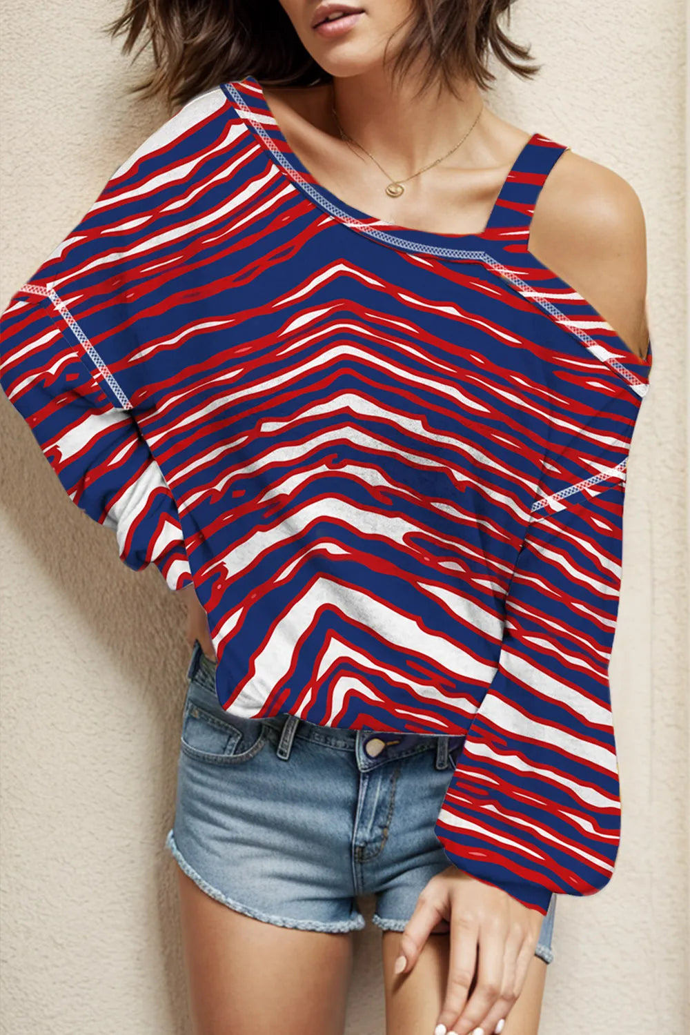 Striped Asymmetrical Neck Long Sleeve T-Shirt Scarlet