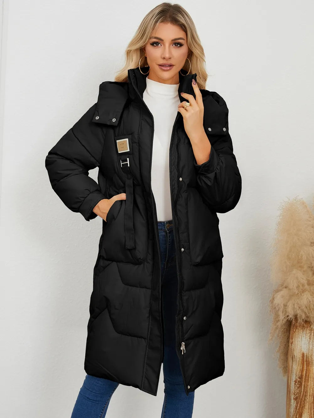 Long Sleeve Longline Hooded Winter Coat Black