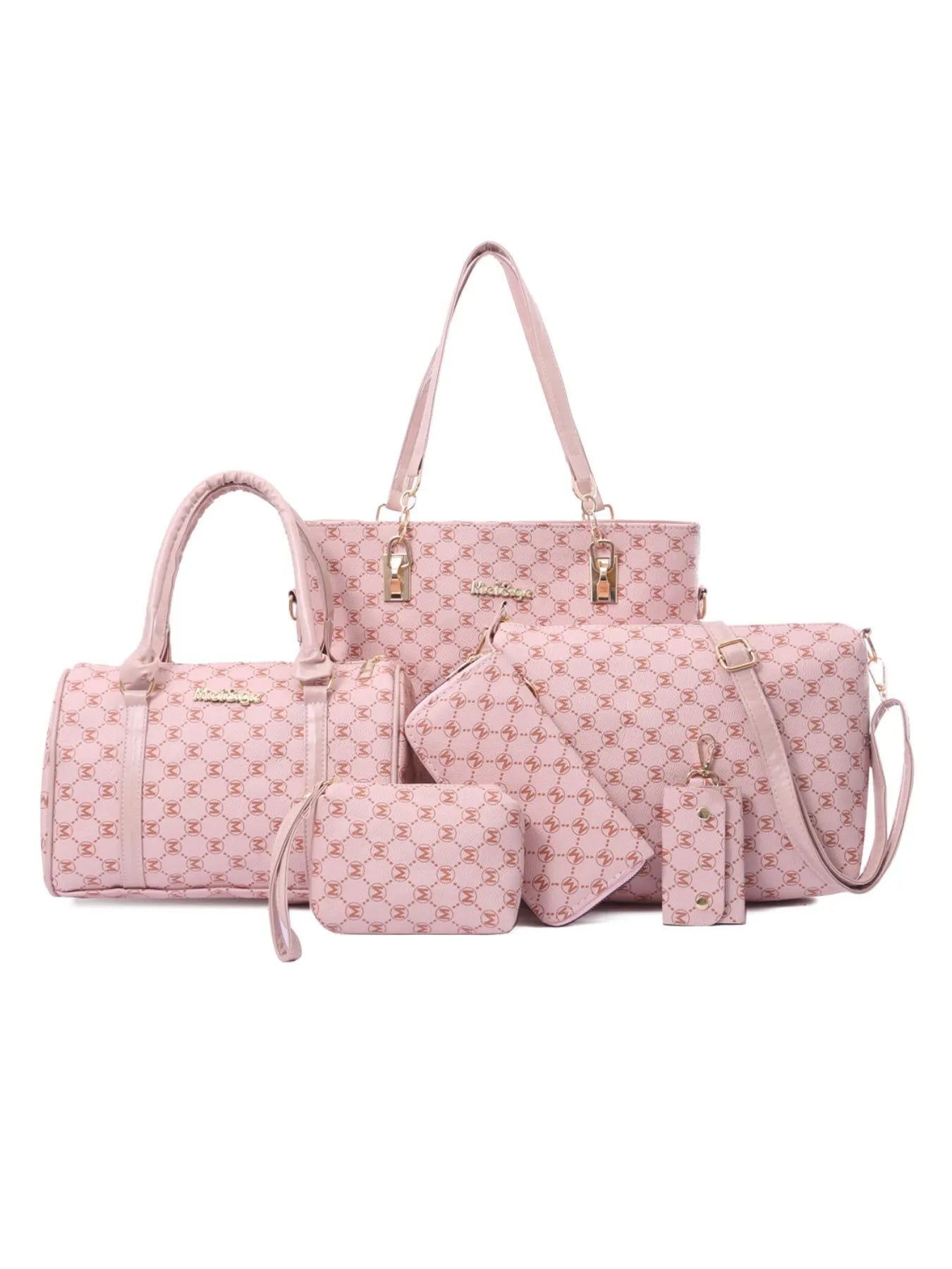 Diamond Pattern 6-Piece Bag Set Pink onesize
