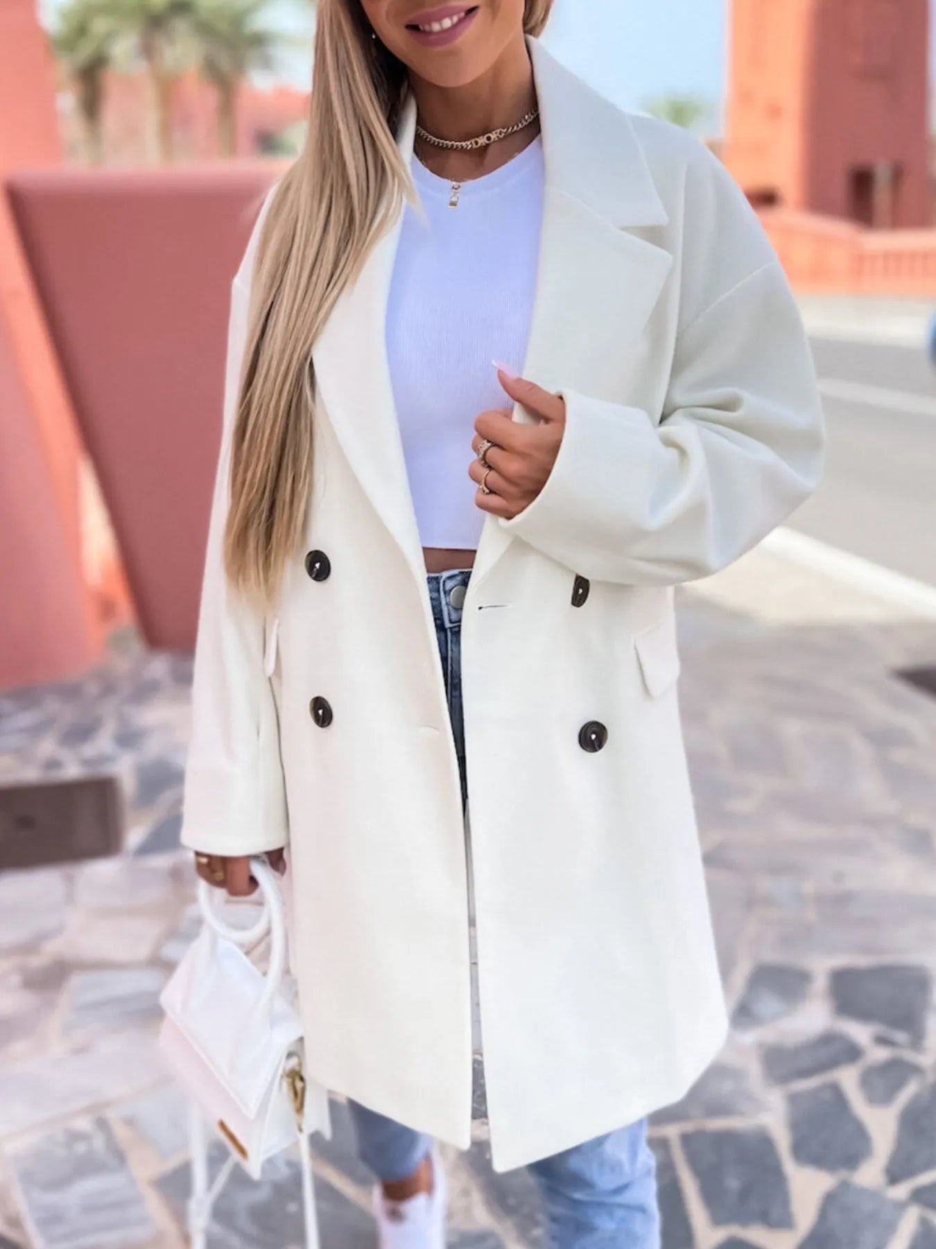 Full Size Double-Breasted Wool Coat Plus Size White