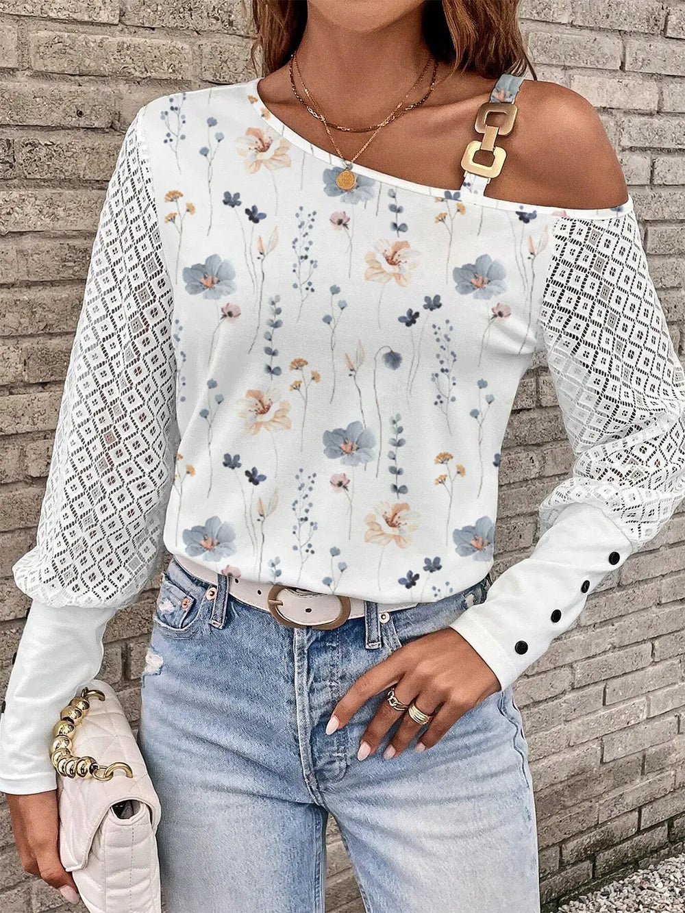 Printed Asymmetrical Neck Lantern Sleeve T-Shirt White