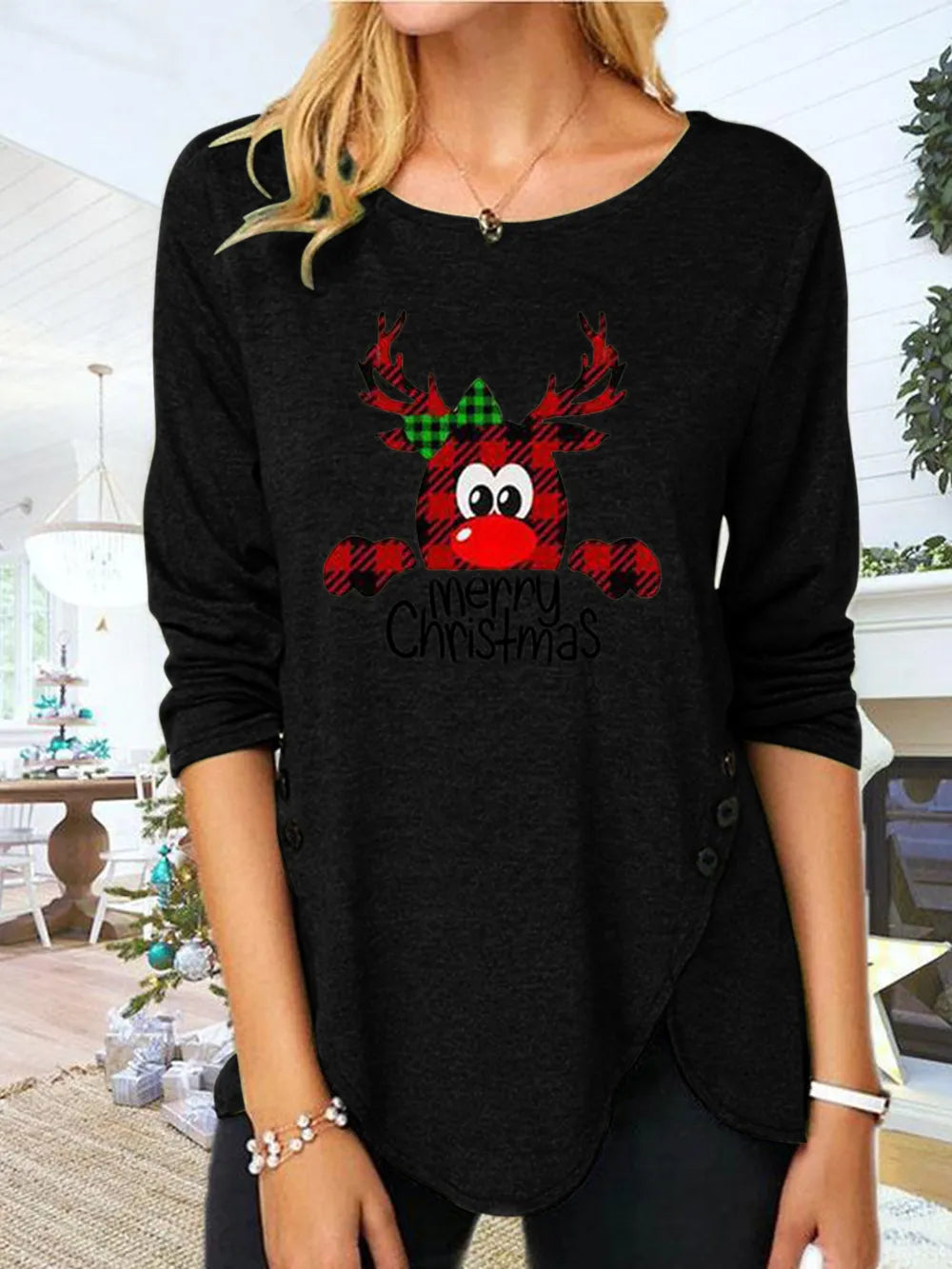 Full Size Reindeer Round Neck Long Sleeve T-Shirt Black