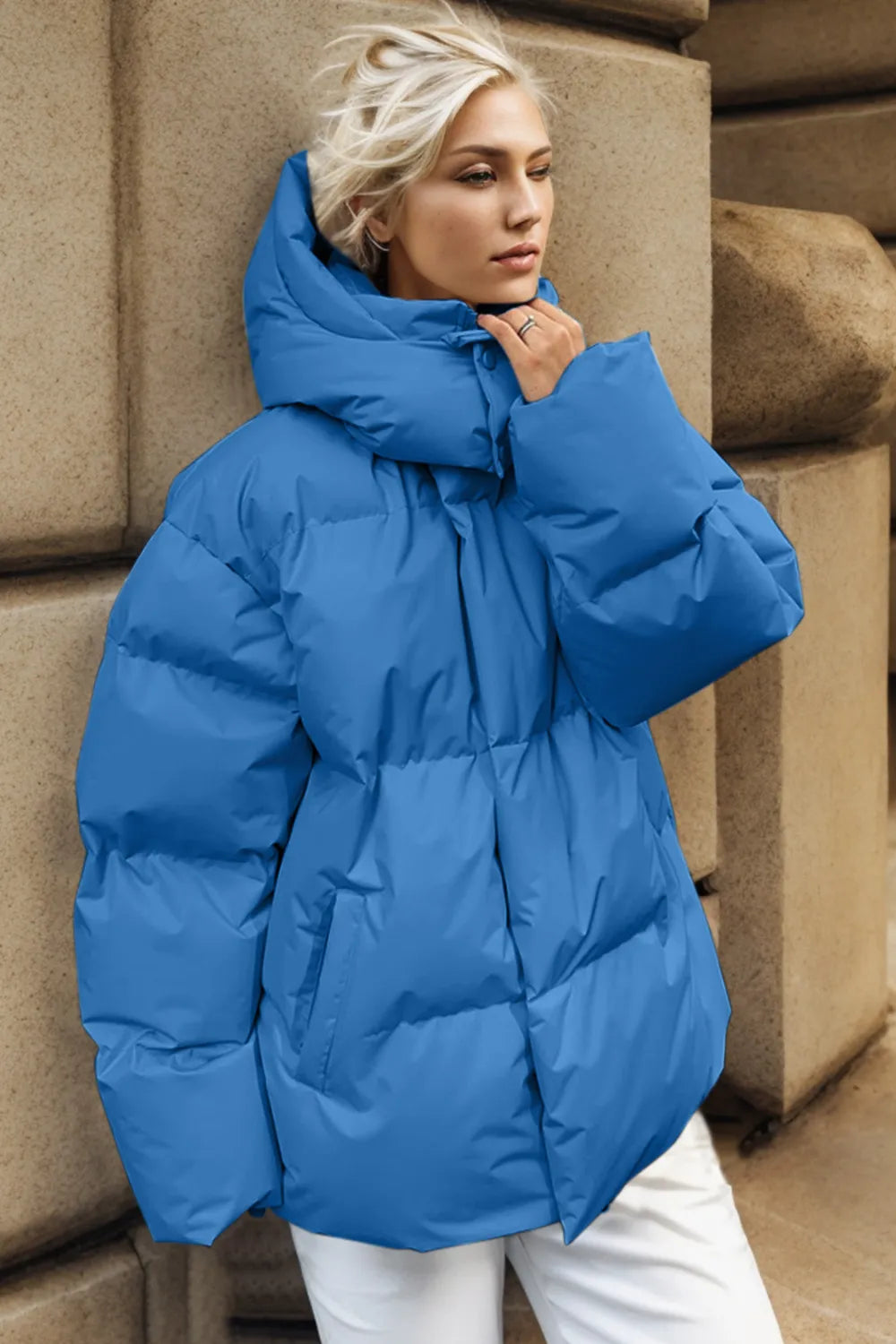 Pocketed Zip Up Hooded Puffer Jacket Sky Blue