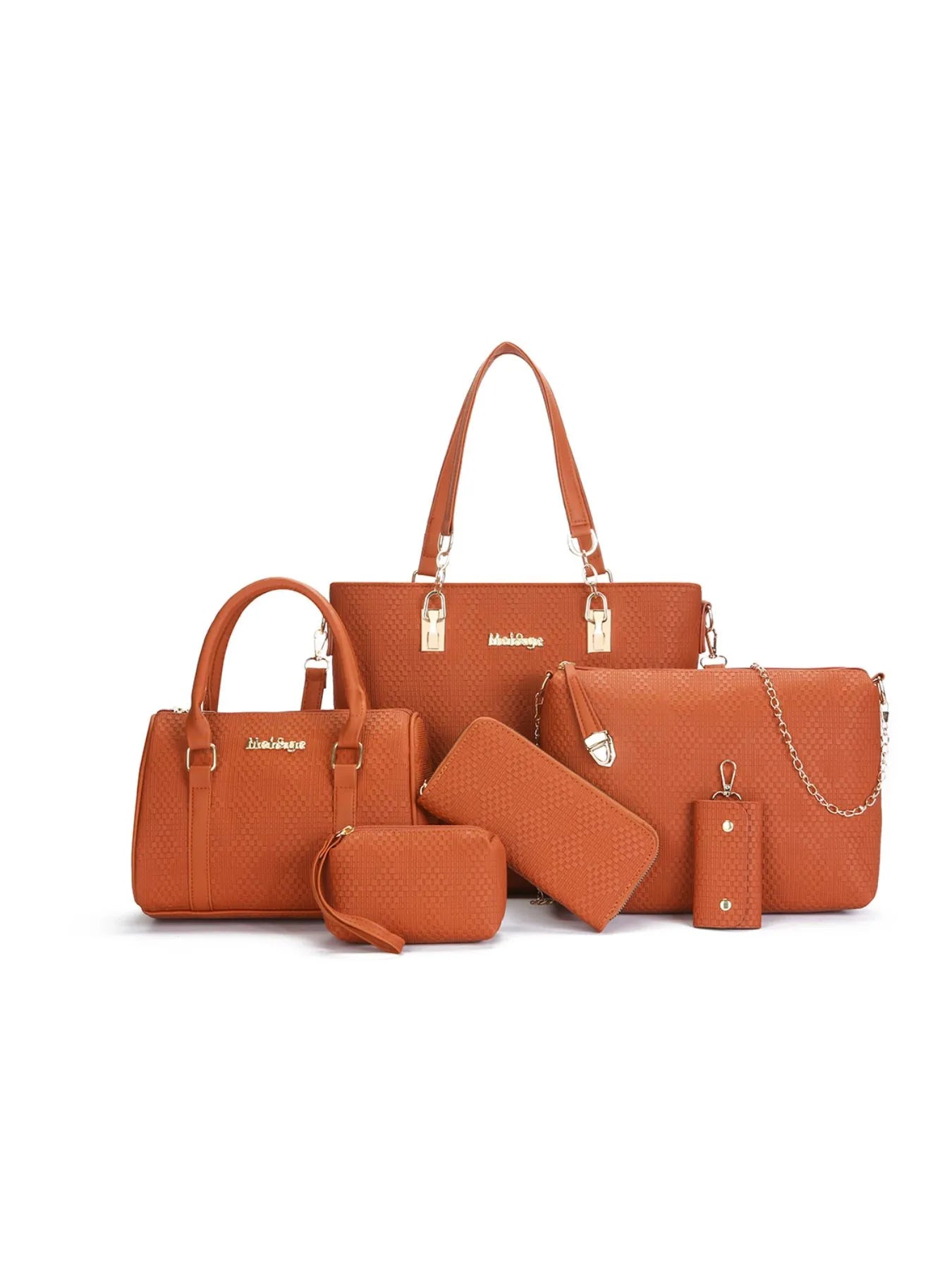 6-Piece Leather Textured Bag Set Orange onesize