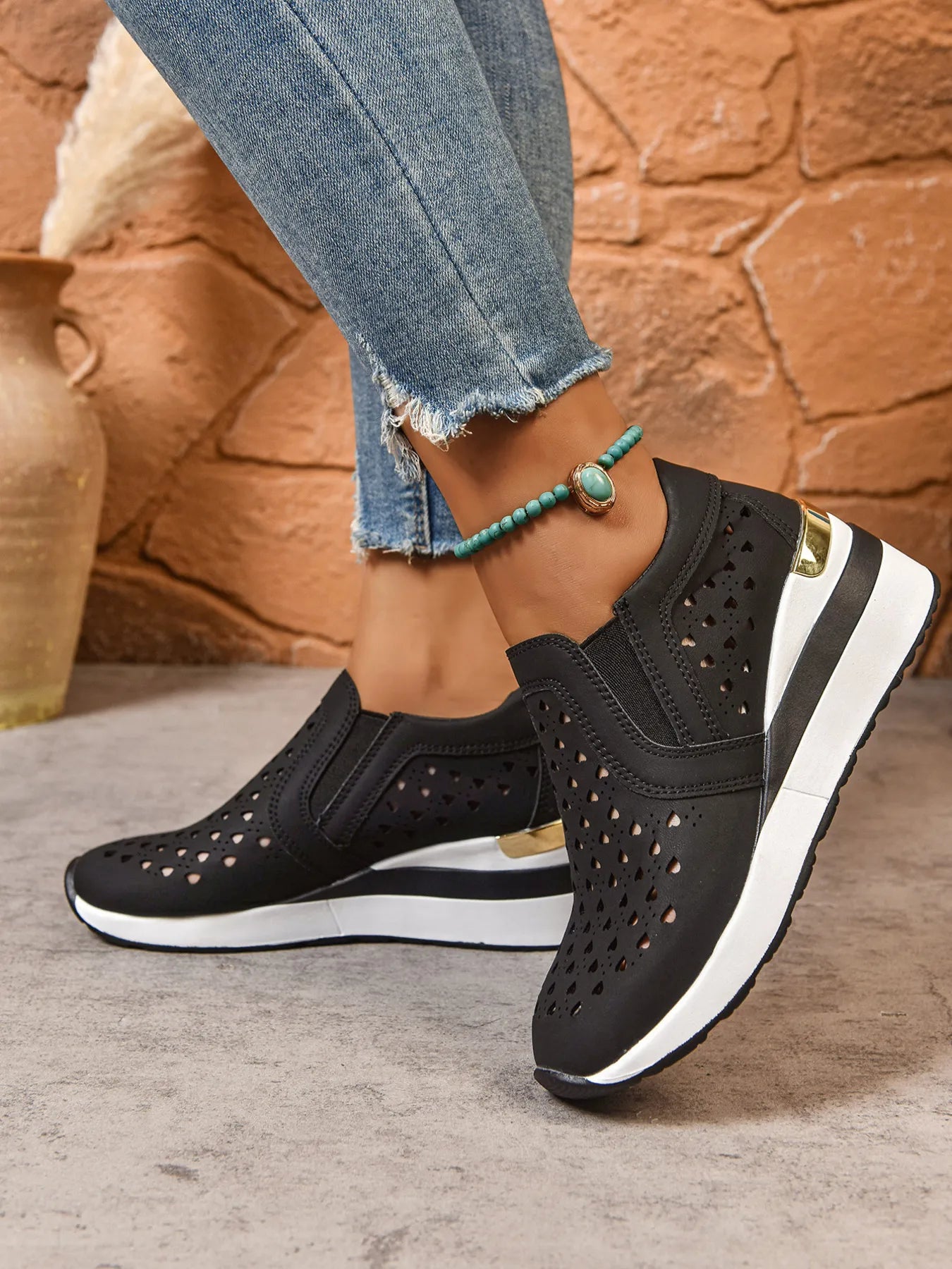 Breathable Cutout Wedge Sneakers Black