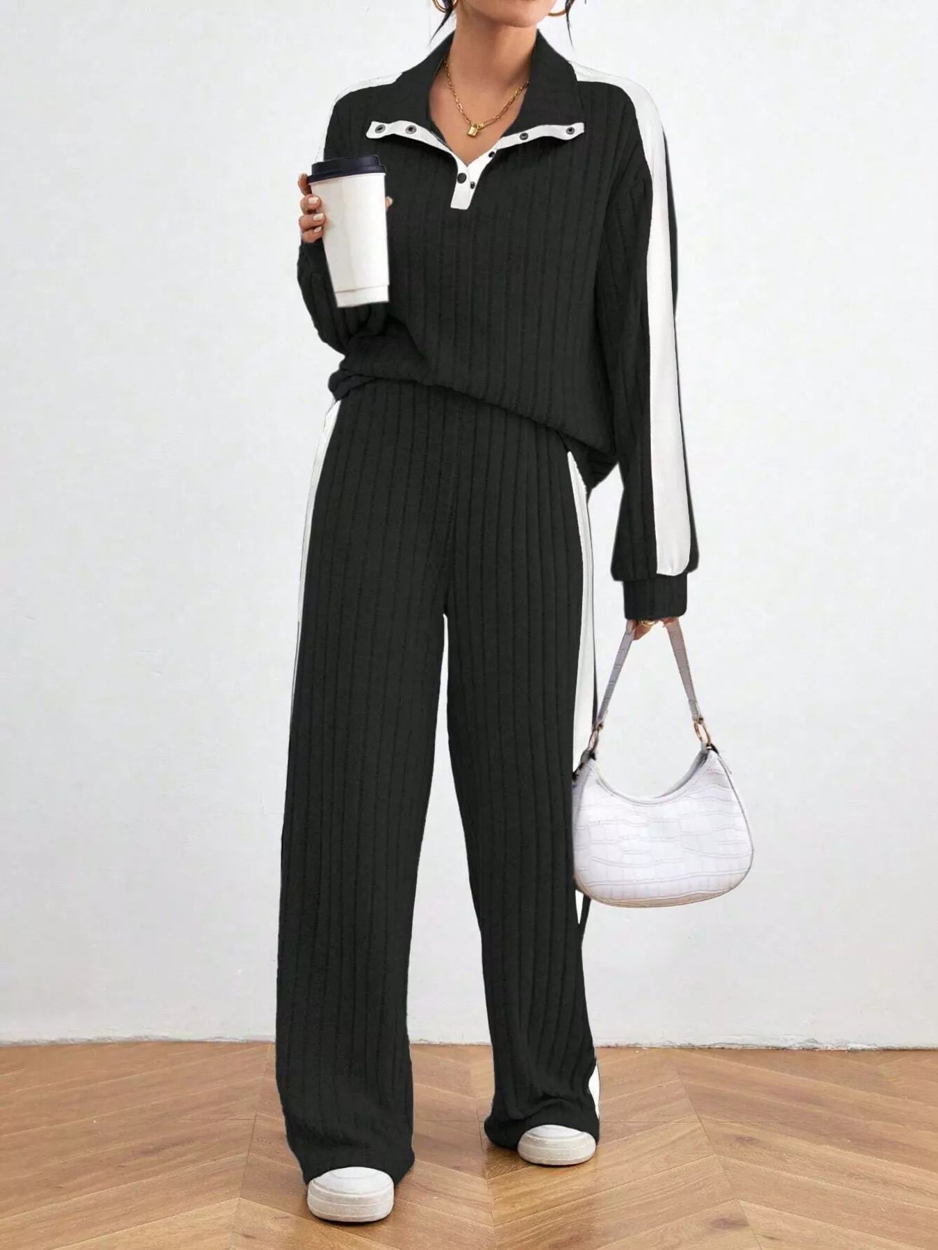 Ribbed Long Sleeve Top and Pants Set Black