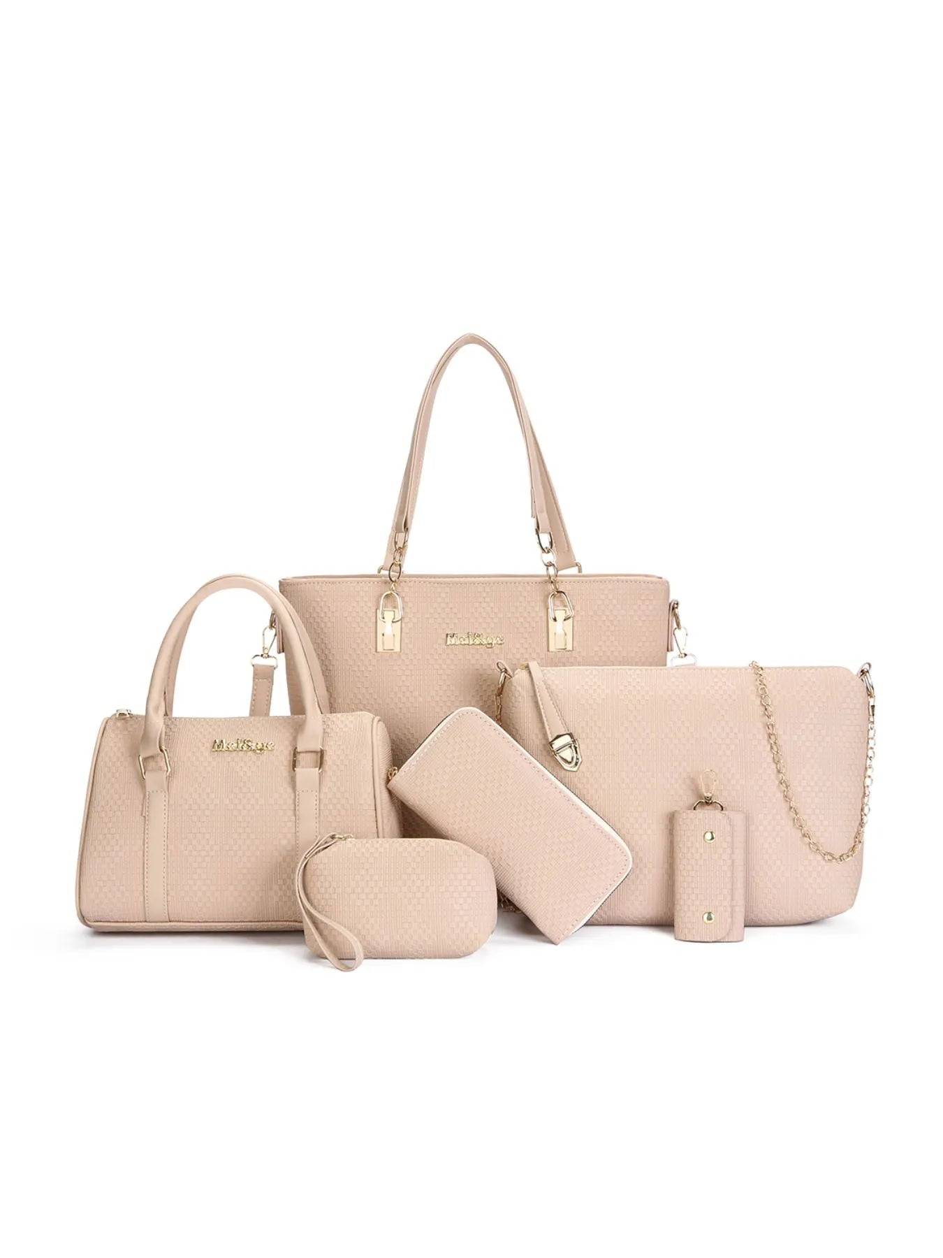6-Piece Leather Textured Bag Set Khaki onesize