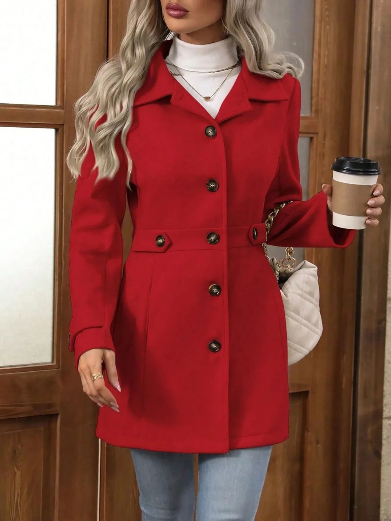 Button Up Long Sleeve Coat Red