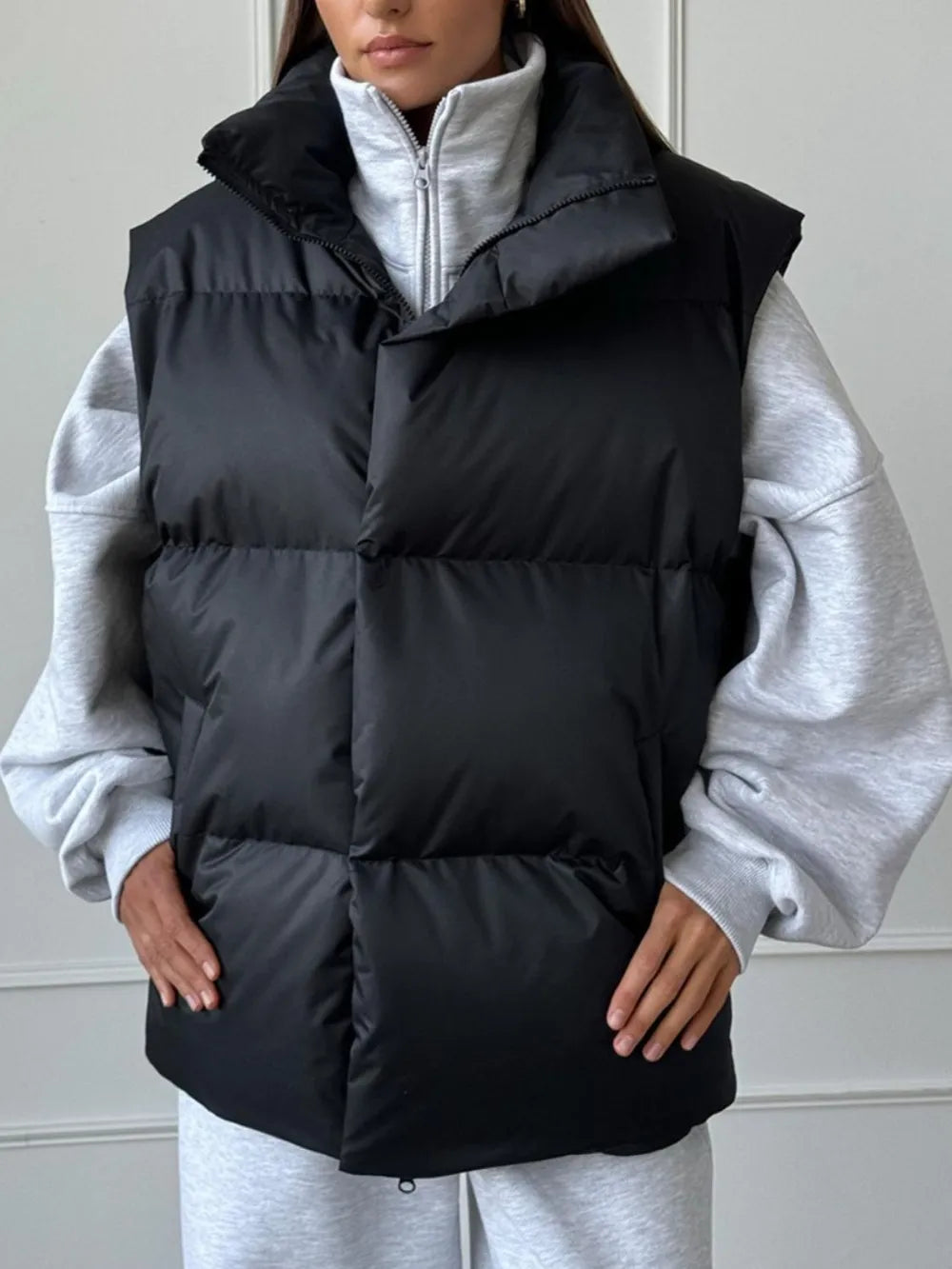 Zip Up Turtleneck Vest Coat Black