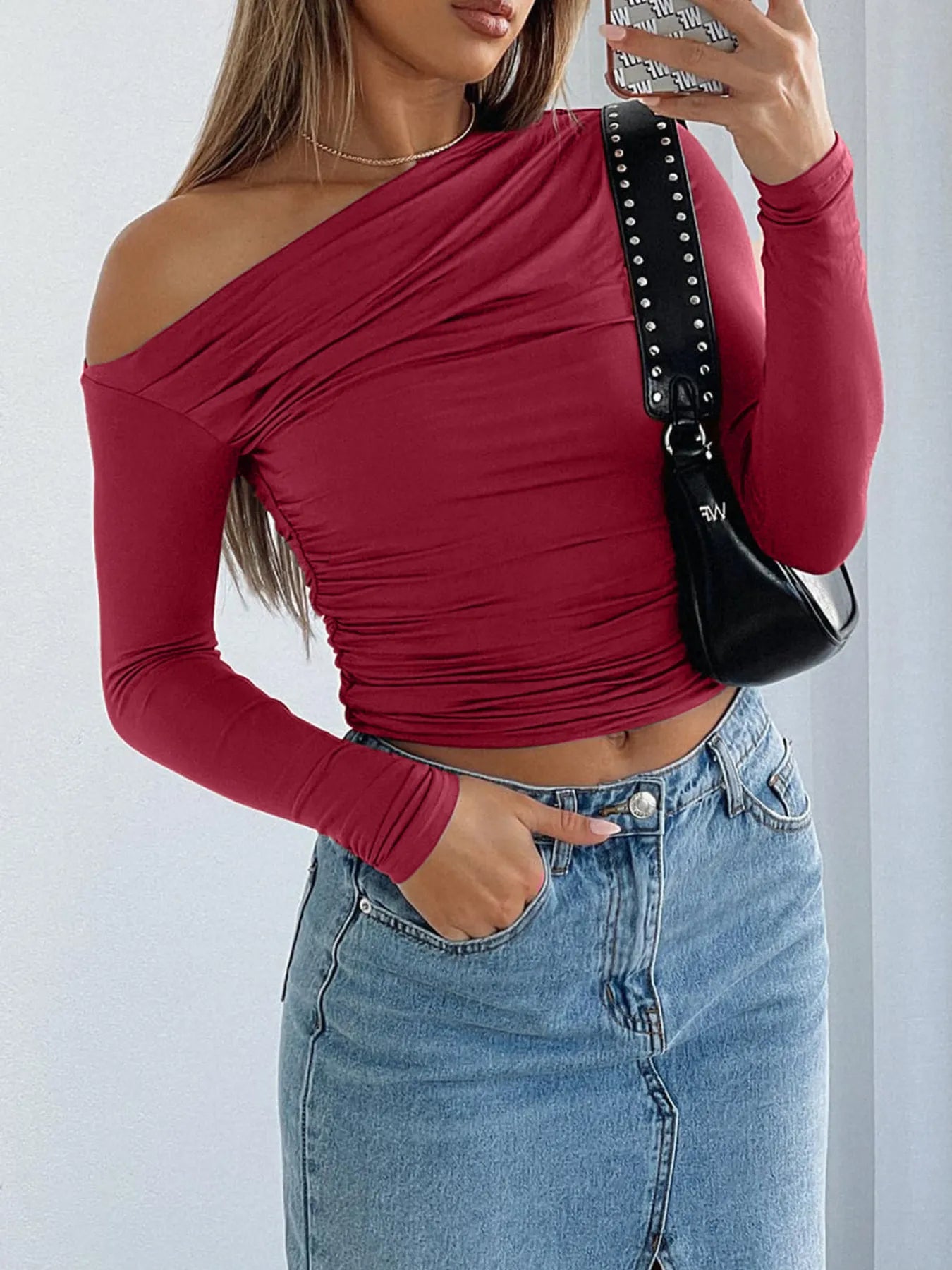 Ruffled Single Shoulder T-Shirt Burgundy