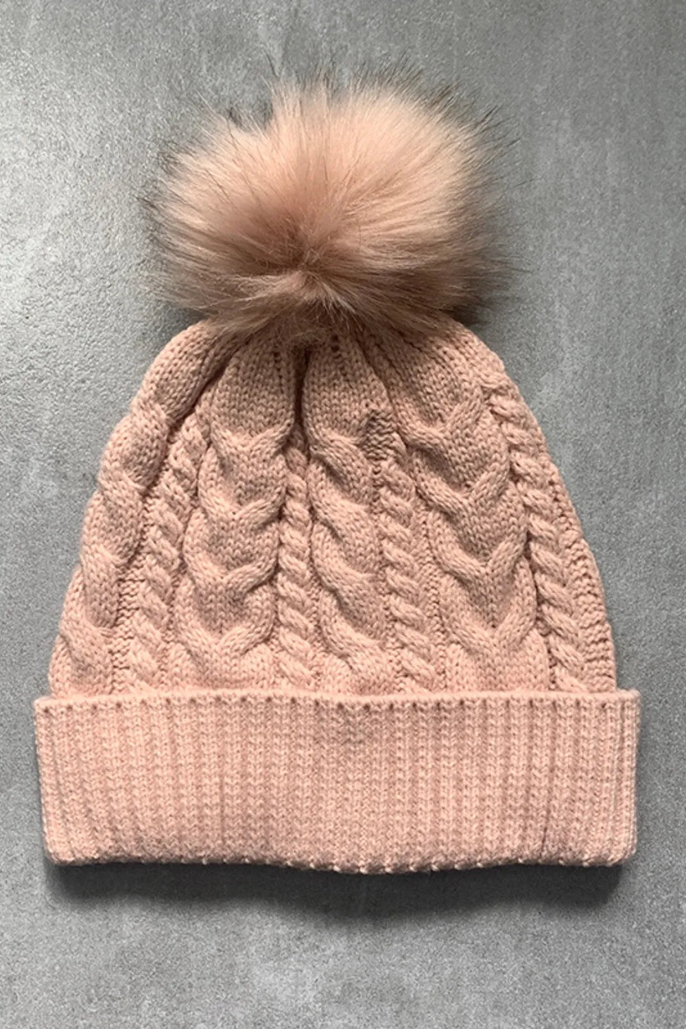 Cable-Knit Cuffed Hat with Pom-pom Watermelon pink One Size