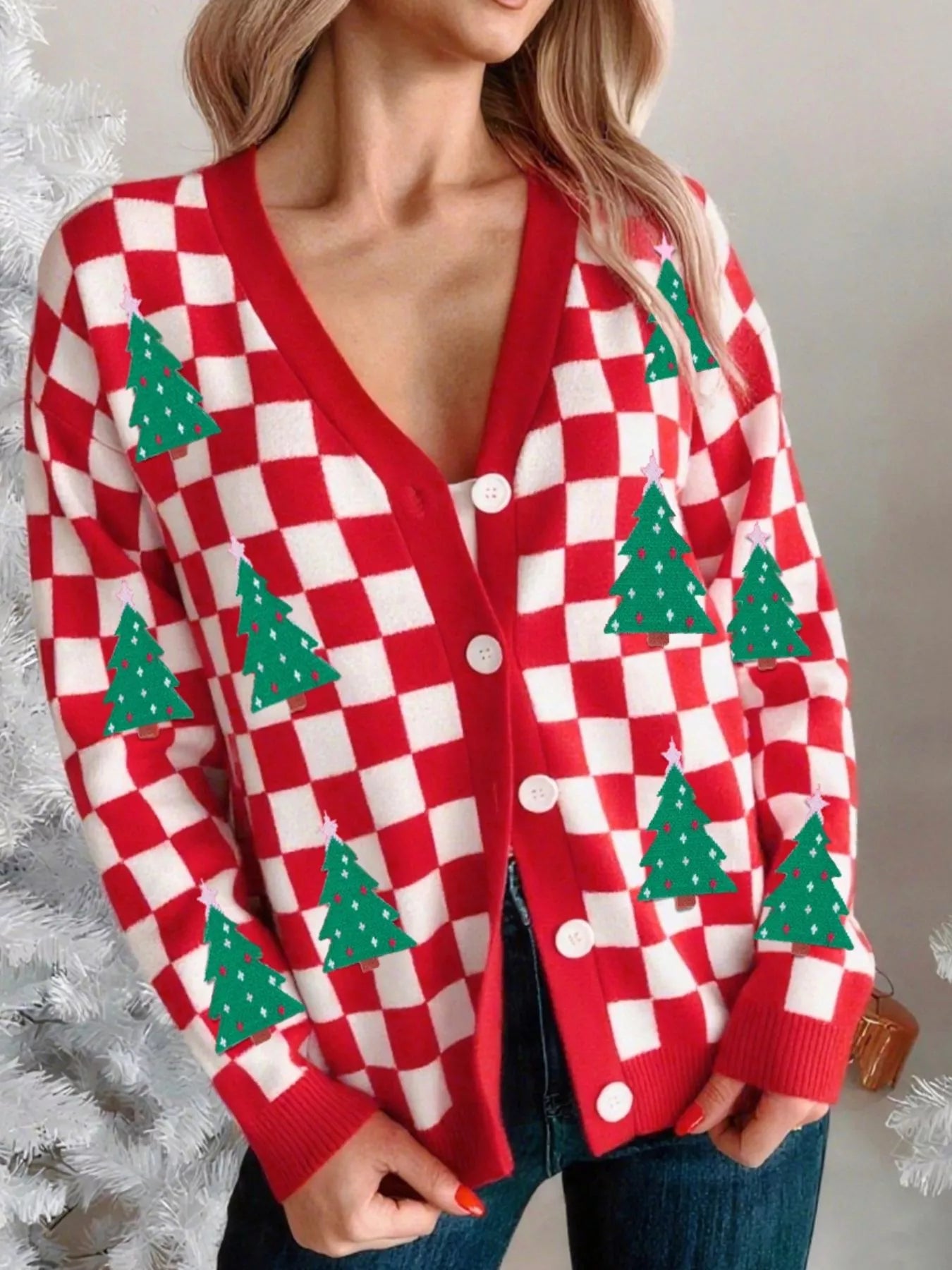 Christmas Tree Pattern Checkered Button V Neck Cardigan Deep Red