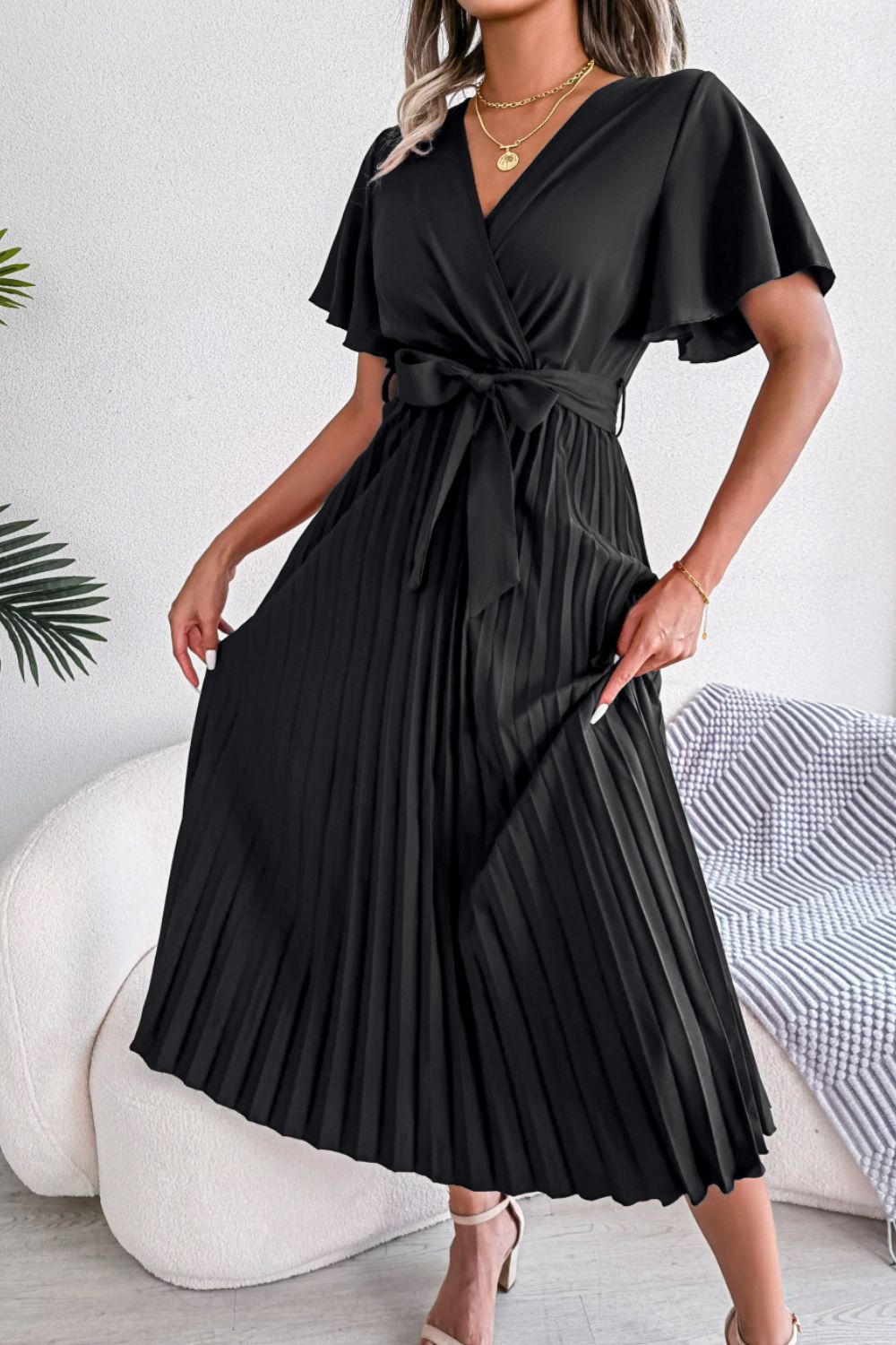 Pleated Flutter Sleeve Belted Dress Black