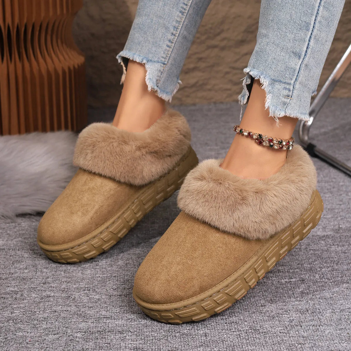 Faux Fur Lined Suede Winter Boots Brown