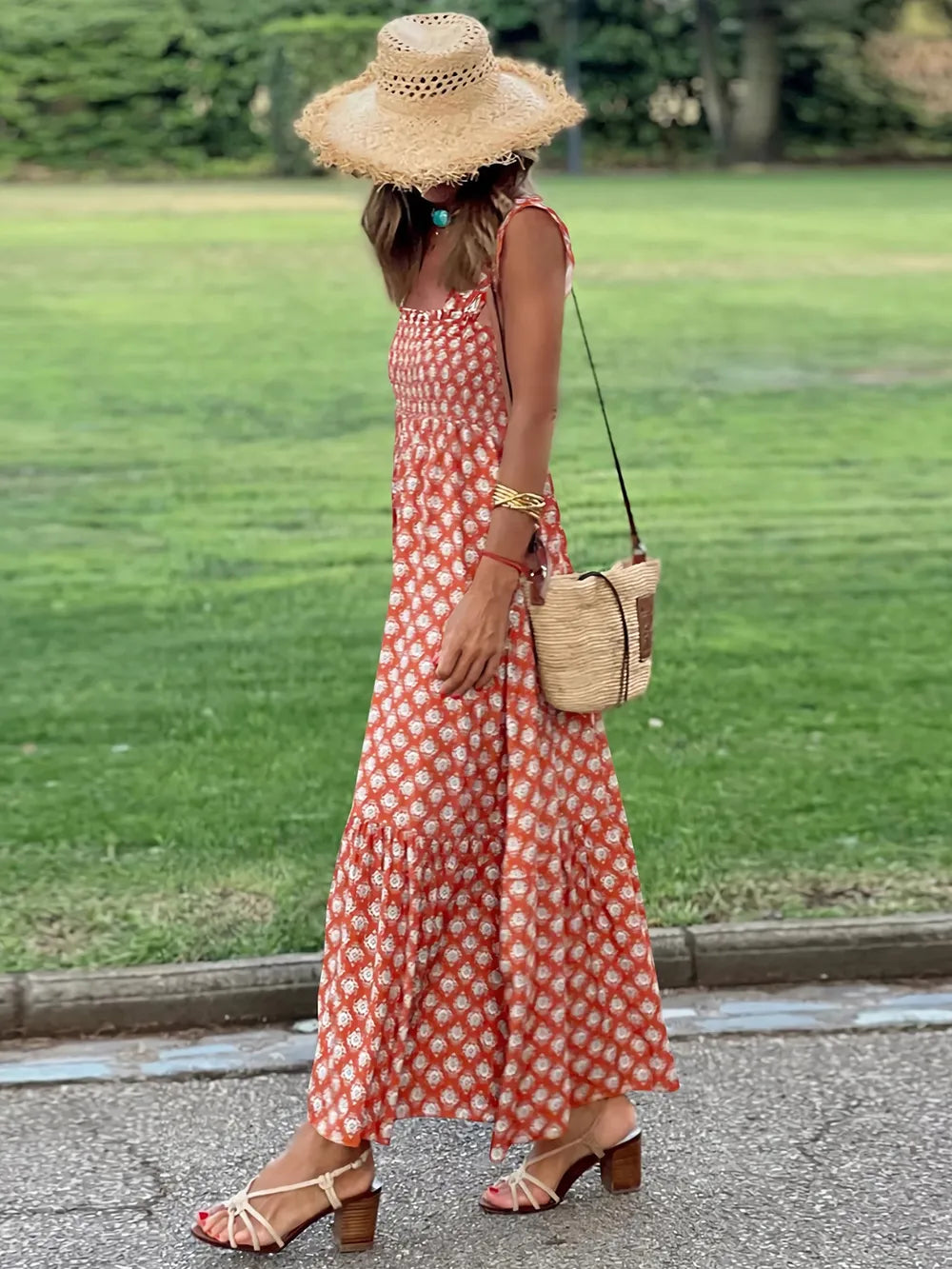 Smocked Printed Square Neck Sleeveless Dress Orange-Red