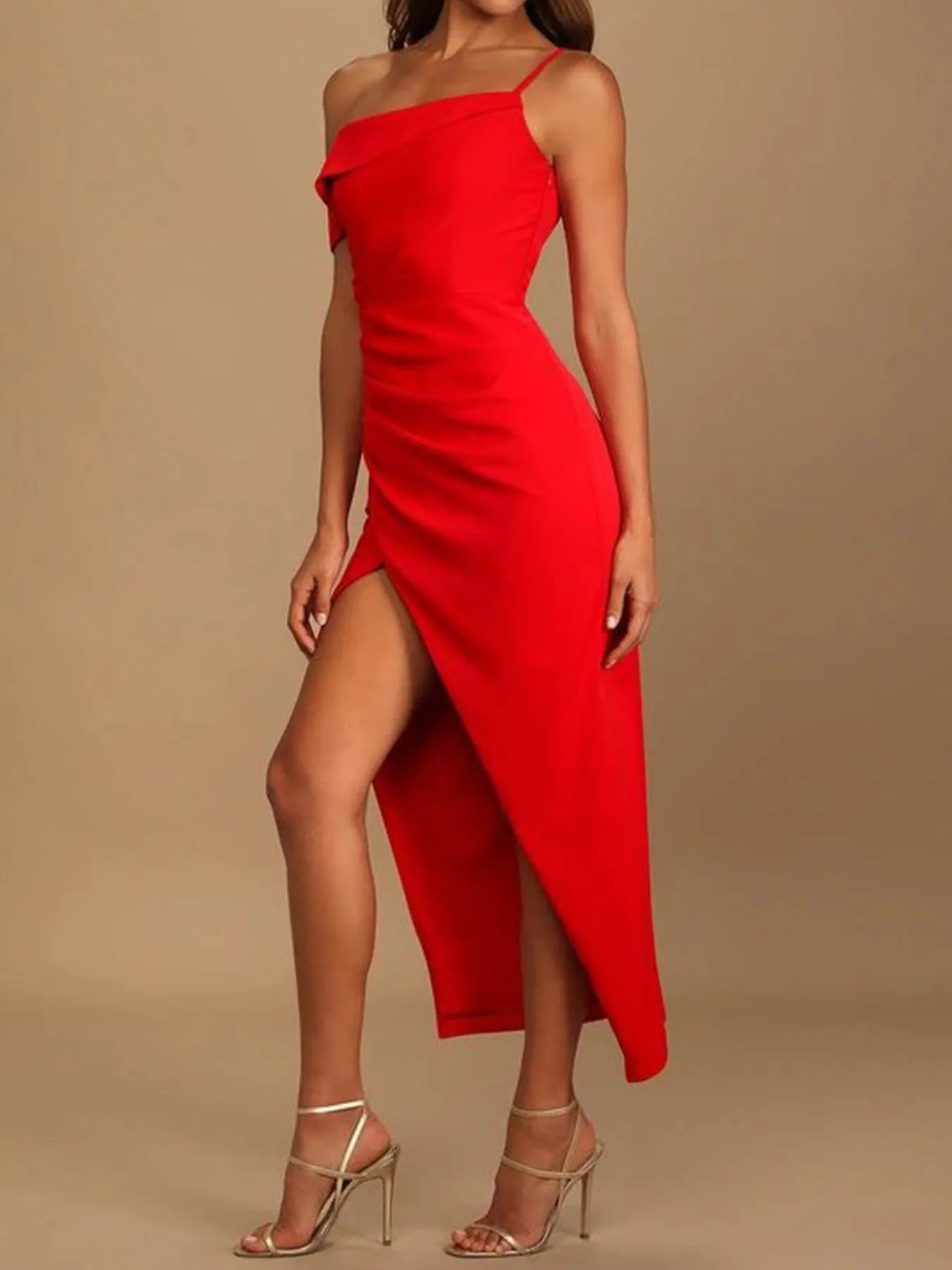 Split Asymmetrical Neck Midi Dress Scarlet