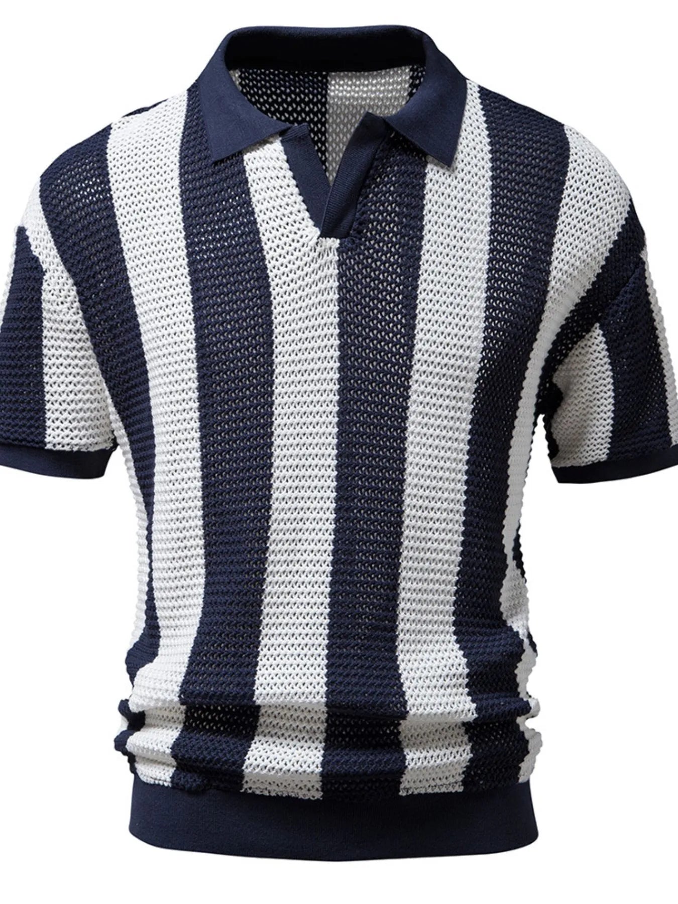 Men's Striped Short Sleeve Knit Polo Navy