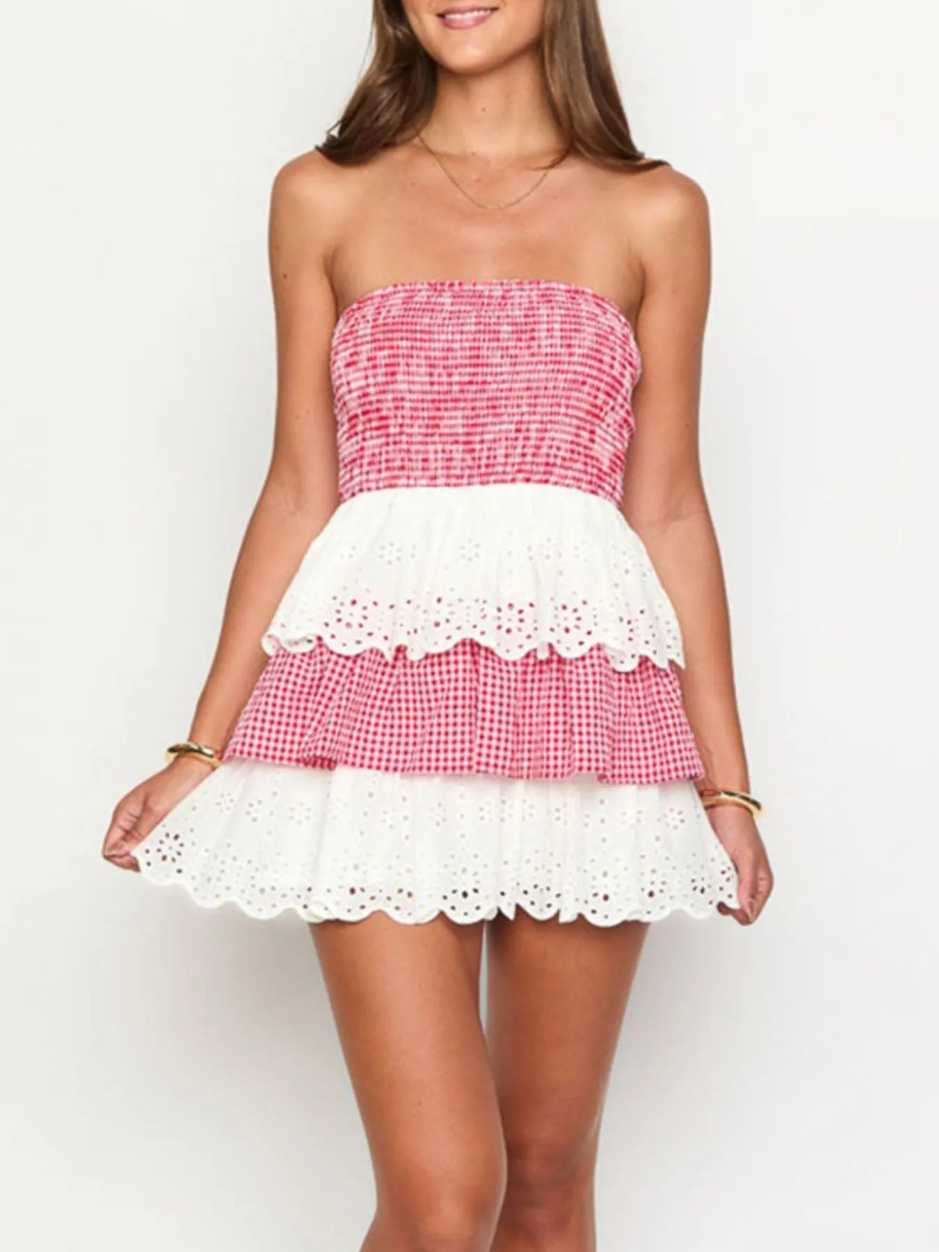 Eyelet Gingham Ruffle Layered Tube Dress