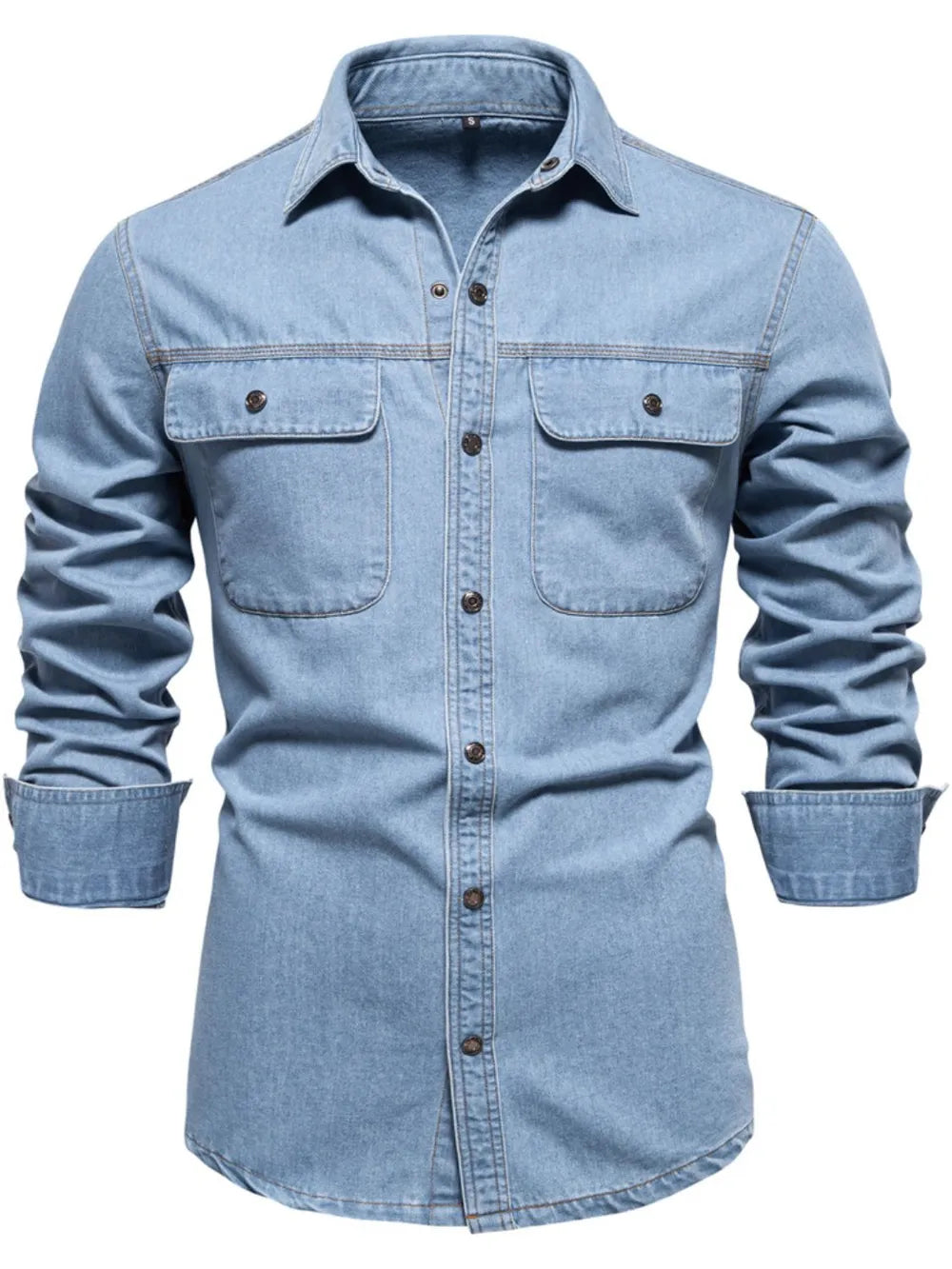 Men's Collared Neck Denim Shirt with Chest Pockets Light Blue