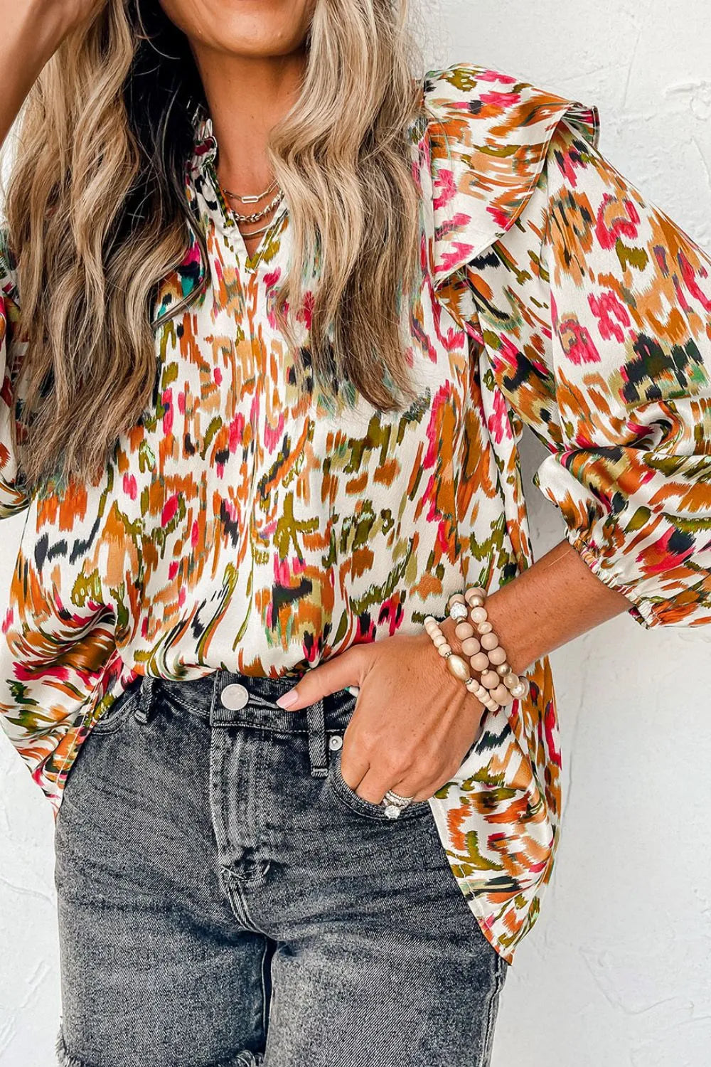 Abstract Print 3/4 Sleeve Ruffle Blouse Sherbet