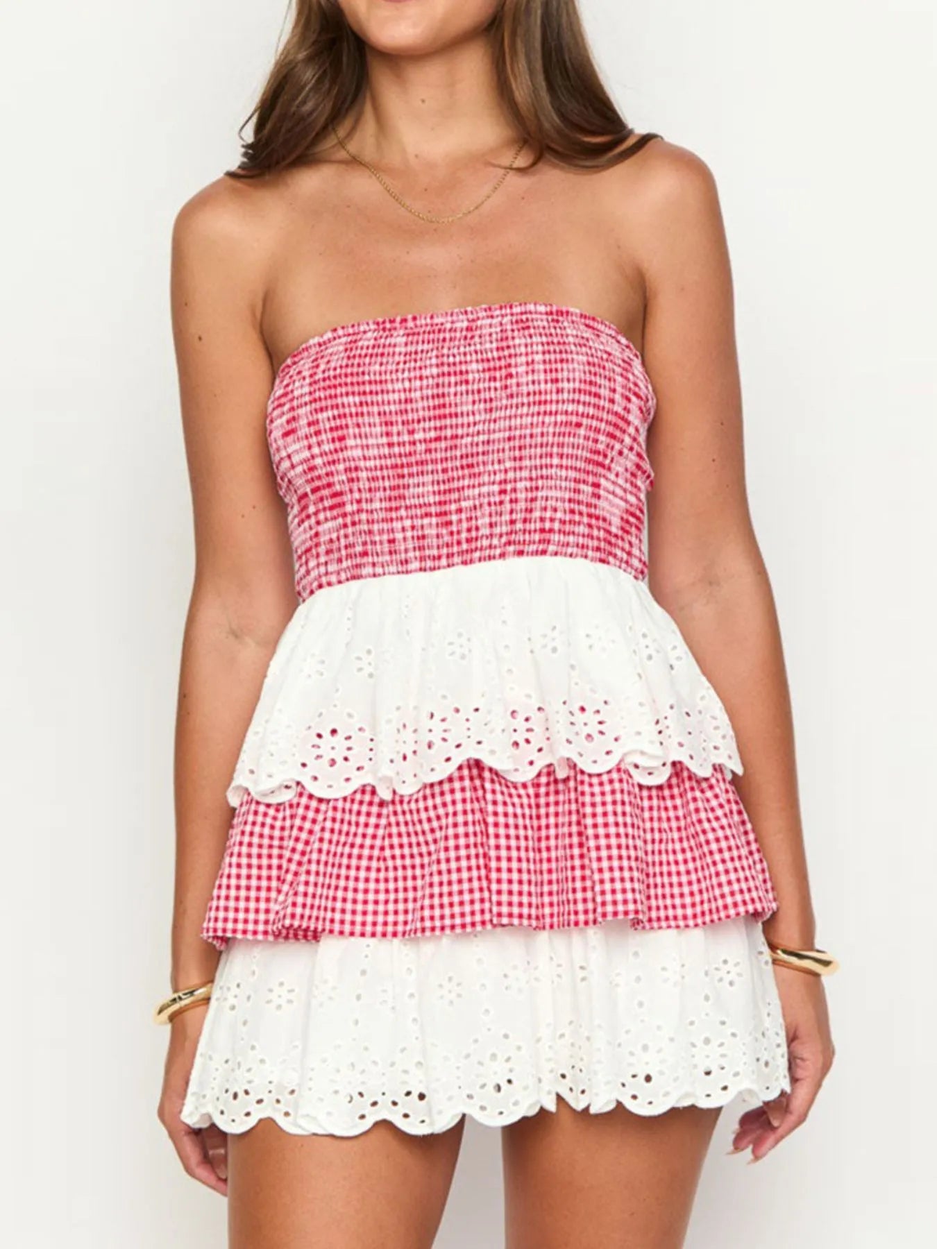 Eyelet Gingham Ruffle Layered Tube Dress