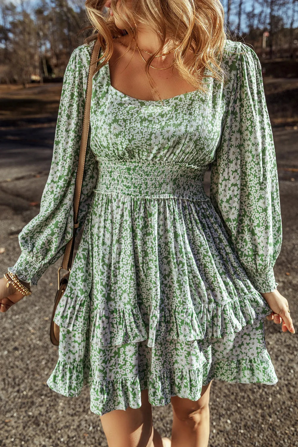 Ruffle Hem Floral Square Neck Long Sleeve Dress Sage