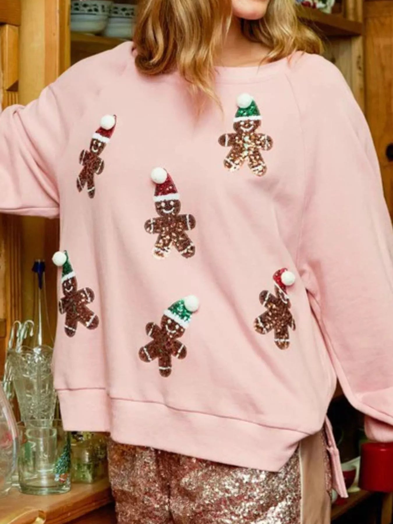 Christmas Sequin Gingerbread Round Neck Sweatshirt Pink