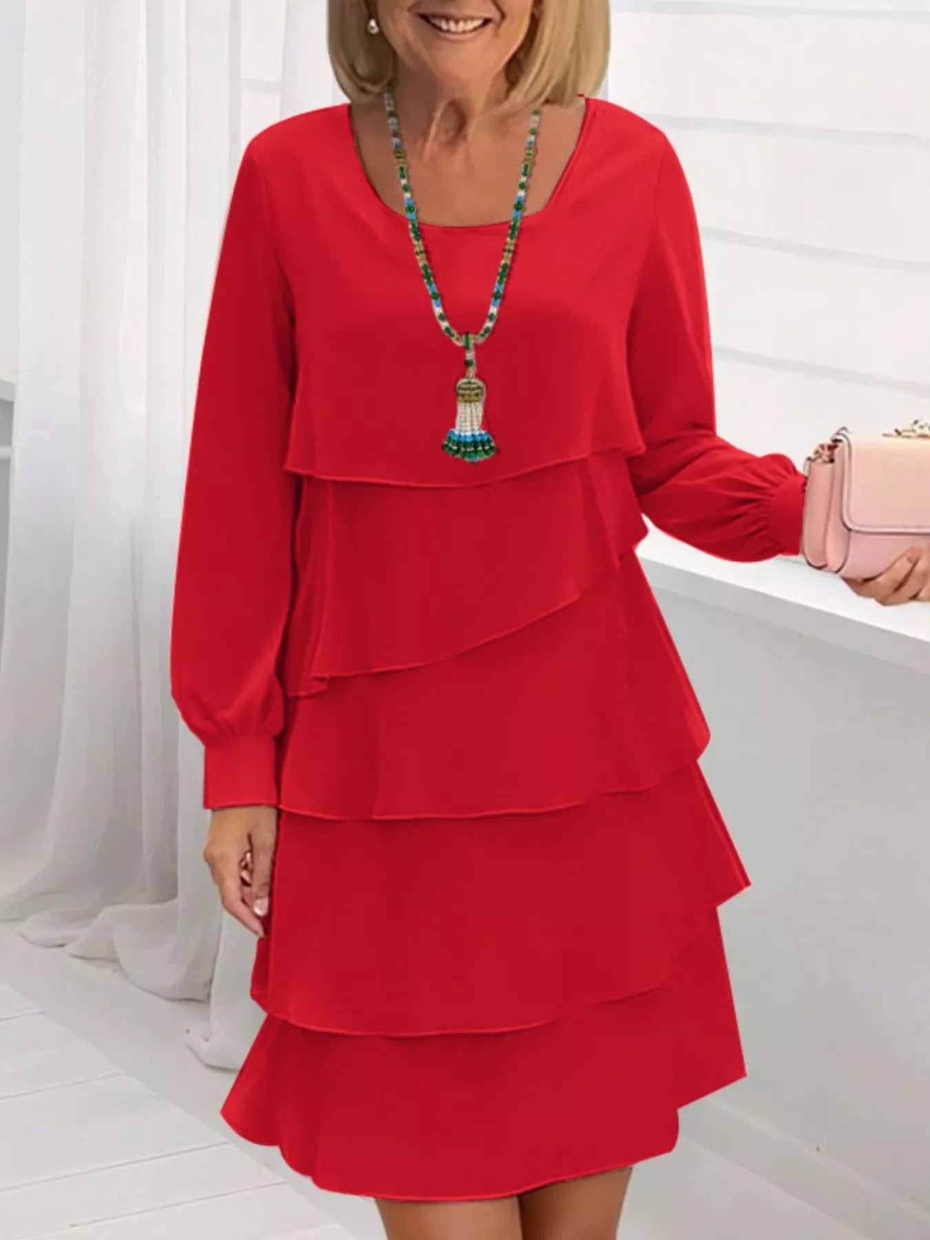 Full Size Layered Long Sleeve Mini Dress Plus Size Red