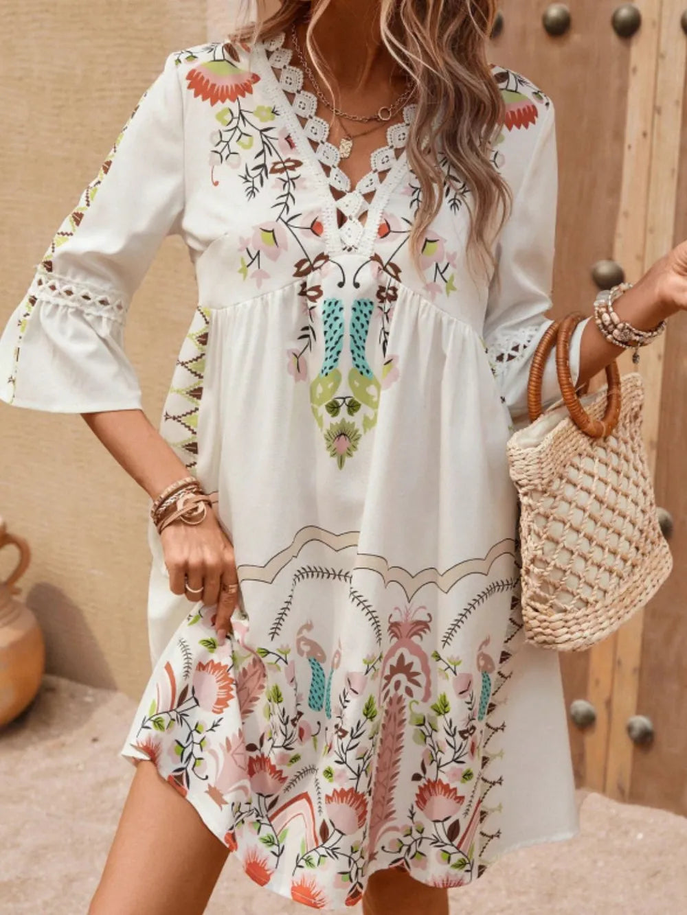 Lace Detail Printed Three-Quarter Sleeve Dress Apricot