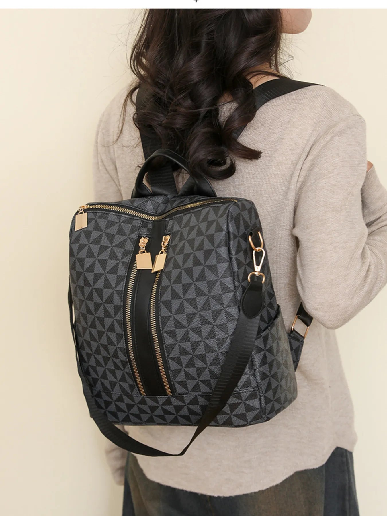 Geometric Pattern Backpack Bag Black One Size