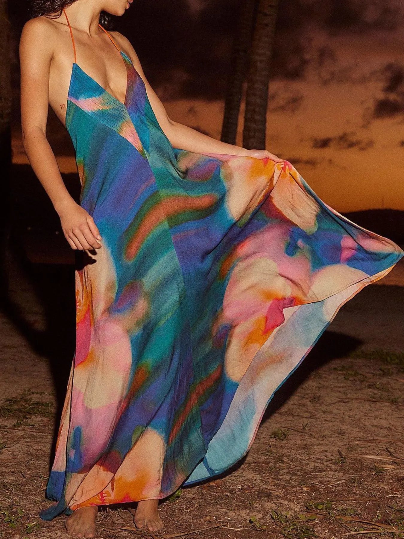 Abstract Print Halter Neck Maxi Cami Dress Multicolor